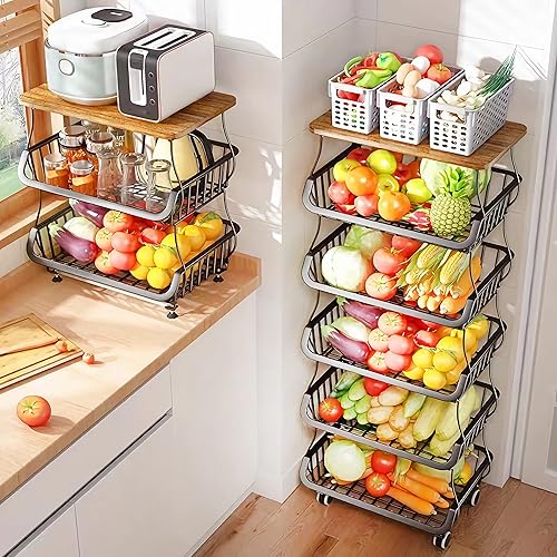 Miniatura 2 de MURRI&MURRDI Cesta de almacenamiento de frutas y verduras con tapa de madera, cestas apilables de almacenamiento de alambre de 6 niveles con ruedas,