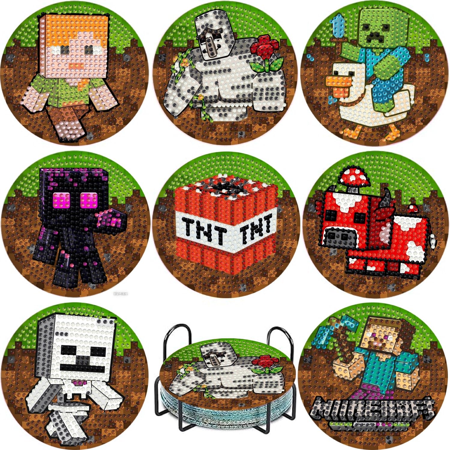 Mxcfzx Minecraft Diamond Art Coaster 8 Pcs Mc Diamond Art Coasters Kit For Adults, Mc Game Theme Diamond Painting Coasters With Holder, 5D Gem Art Diy Crafts Diamond Dots For Gift Life 10X10cm