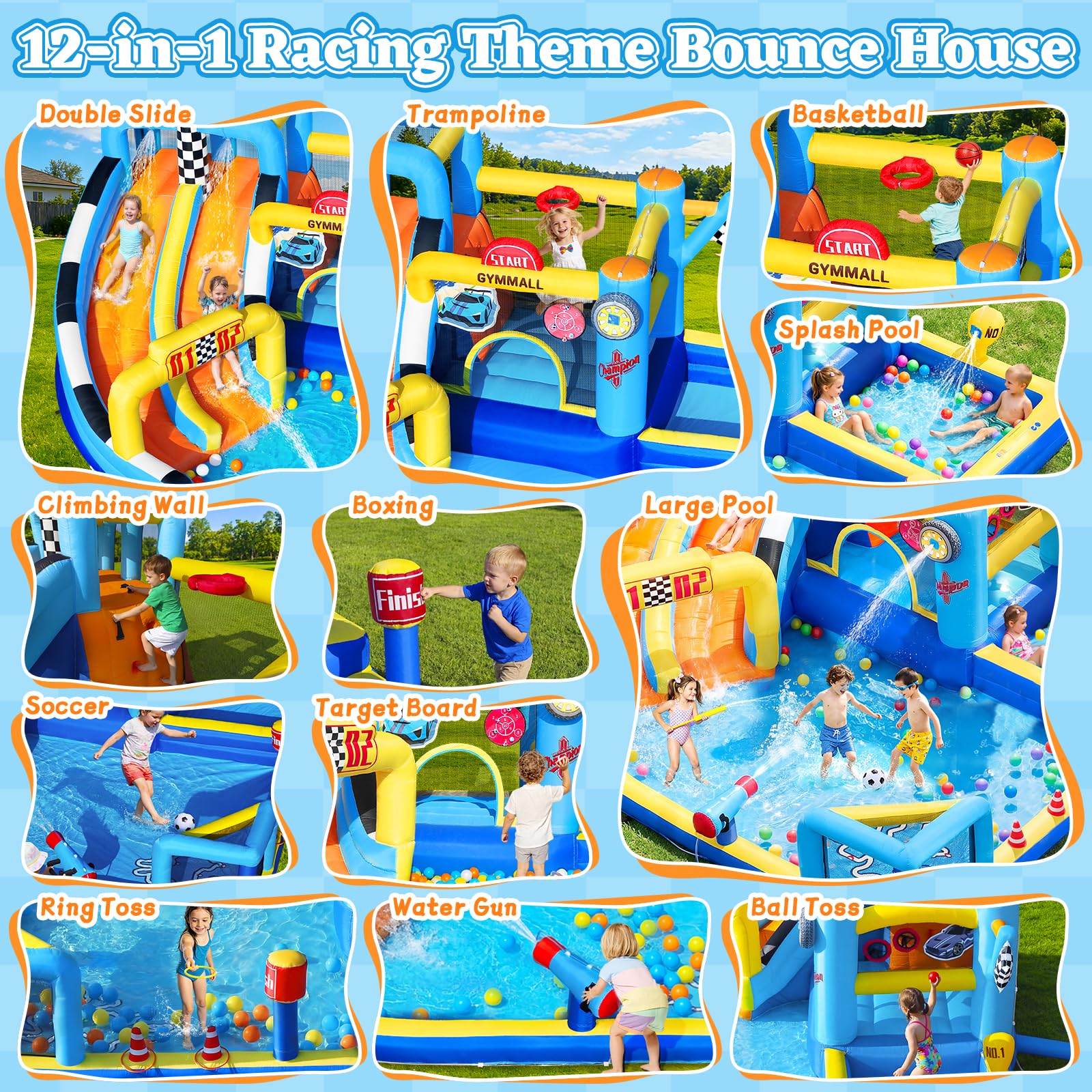 Château Gonflable de Course pour Enfants, Grand Château Gonflable 12 en 1 avec Souffleur 750W, Double Toboggan Aquatique, Pataugeoire, Zone de Saut, adapté pour l'intérieur et l'extérieur