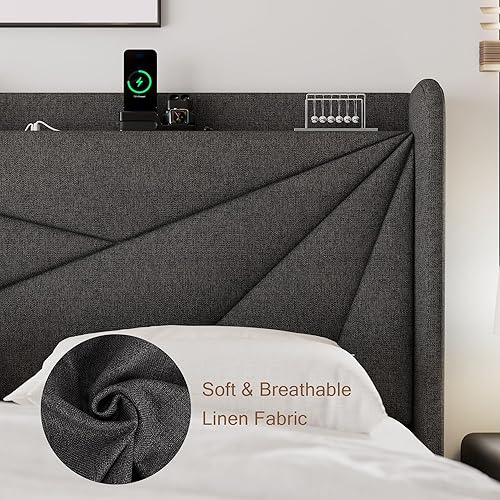 Miniatura 5 de Marco de cama tapizada de tamaño completo con estación de carga, marco de cama de plataforma con cabecera de almacenamiento, soporte de listones de