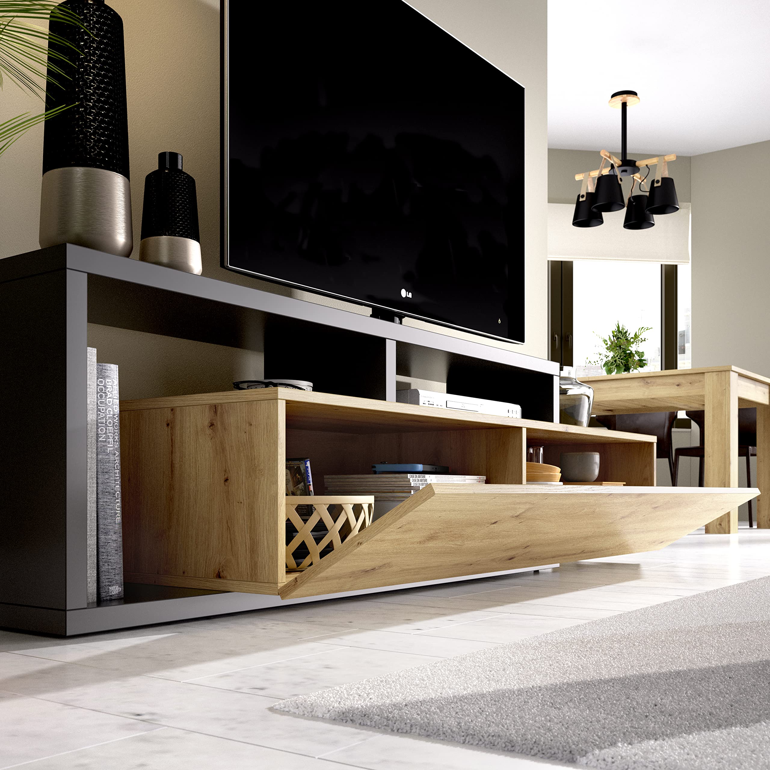 DEKIT GRUPO RIMOBEL KRAM Mueble de TV bajo, Melamina, Grafito y Nordic, 47x165x40 cm