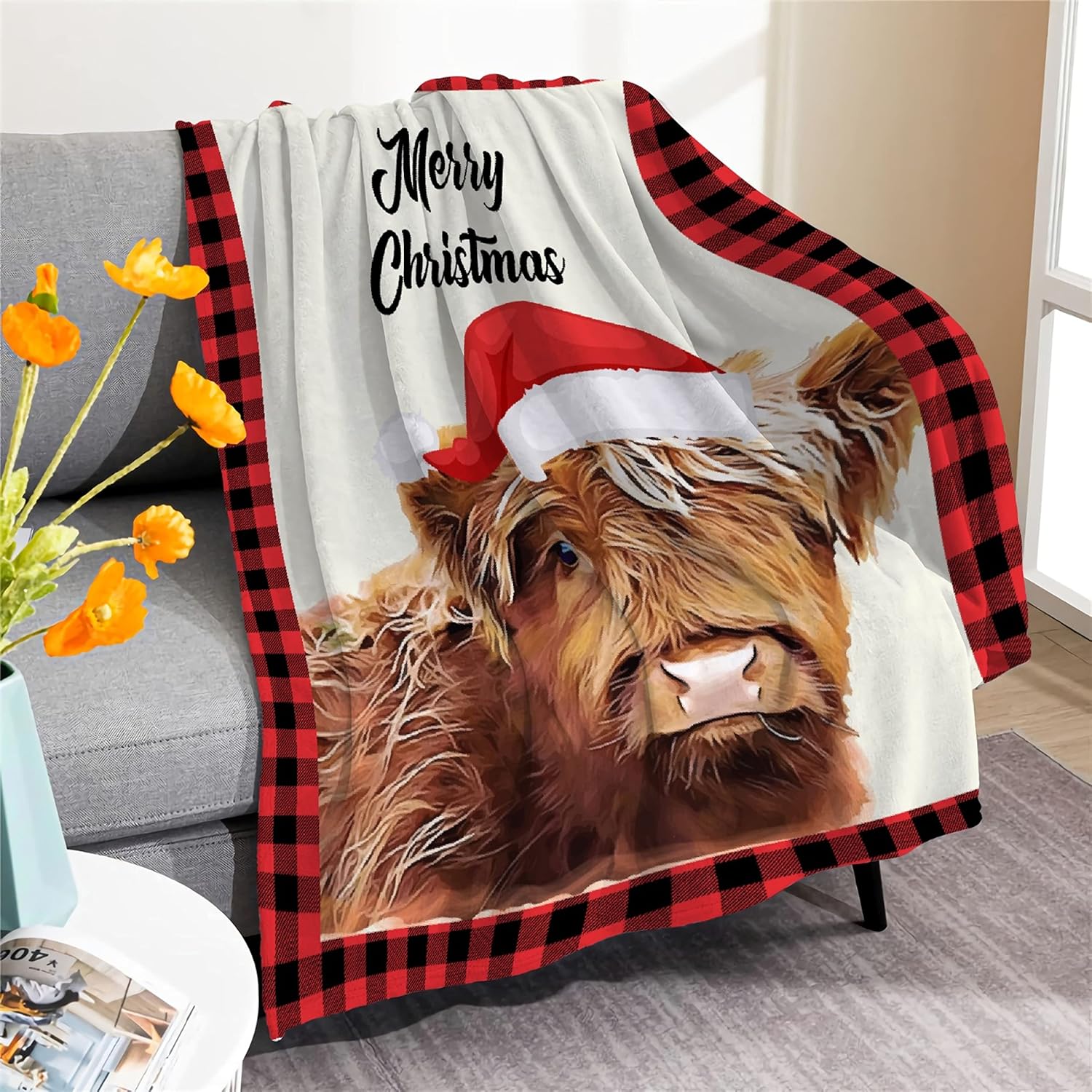 Highland Cow Christmas Blanket Flannel Fleece Throw Blankets for Adult and Kids Soft Fuzzy Plush Blanket Cozy Lightweight All Seasons for Travel Bed and Couch 50"x60"
