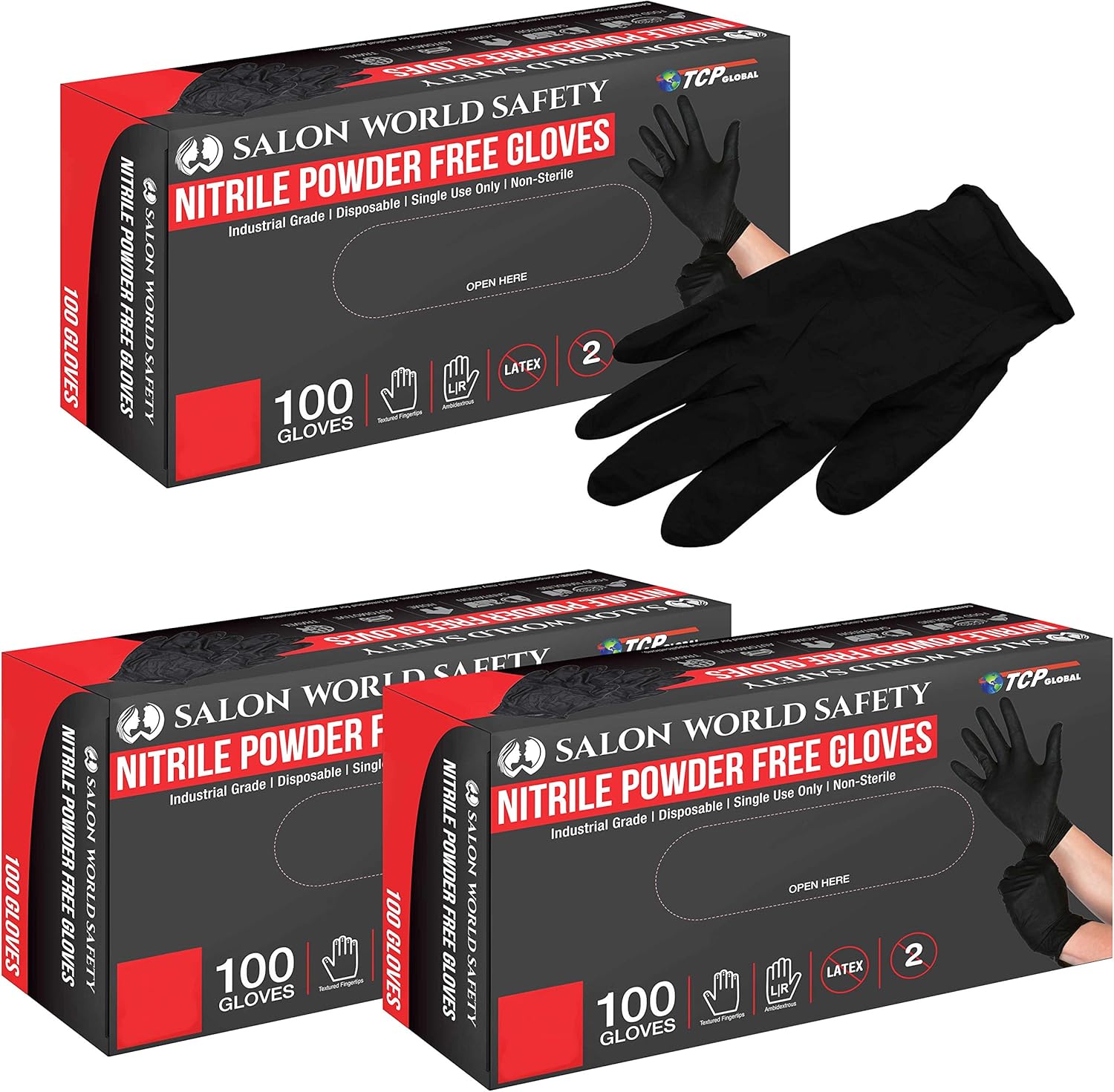 Salon World Safety Black Nitrile Disposable Gloves, Box of 100, Size X-Large, 5.0 Mil - Latex Free, Textured, Food Safe