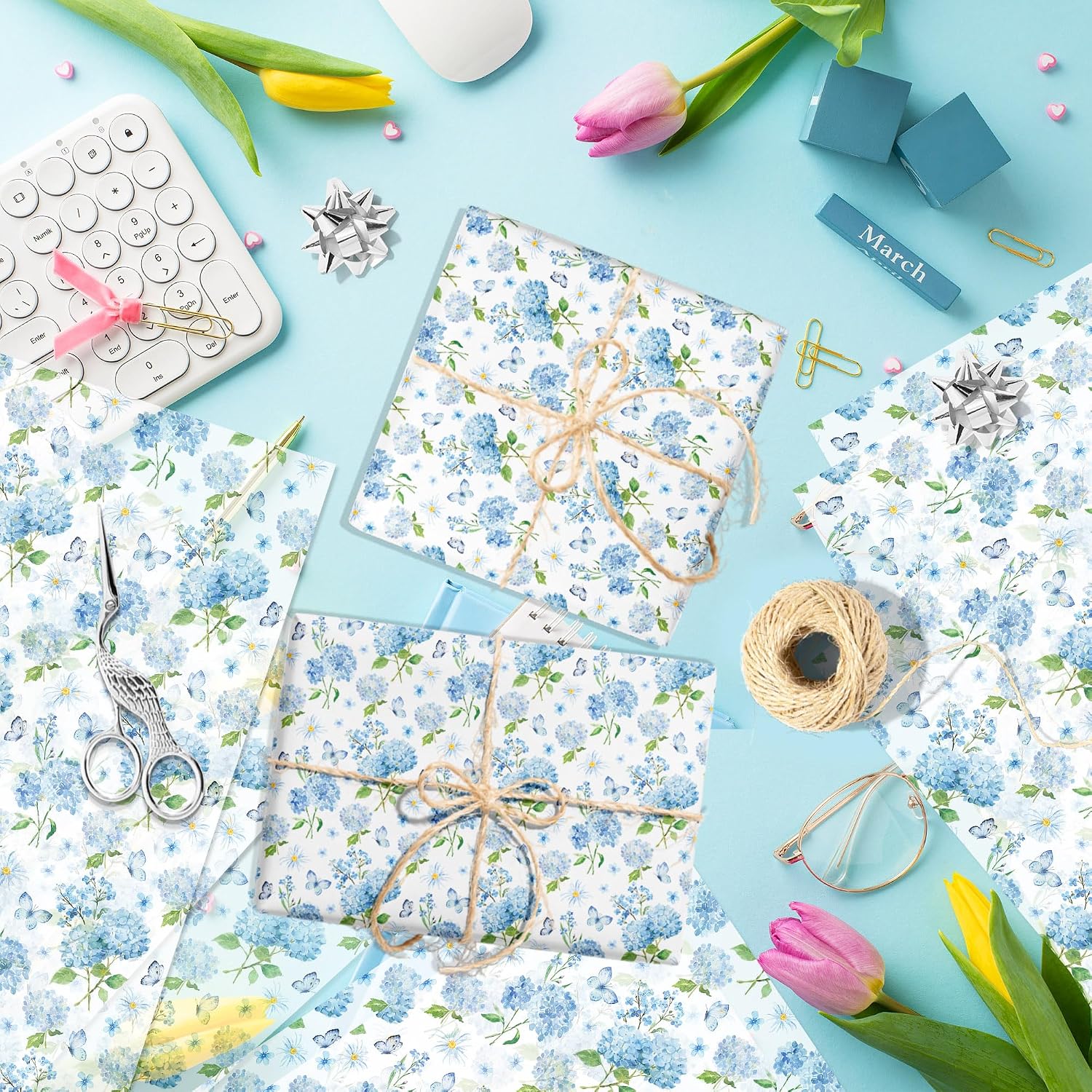 100Sheets Blue Hydrangea Flower Tissue Paper Hydrangea Butterfly Gifts Wrapping Paper DIY Art Wrap Tissue for Birthday Wedding Spring Party Decoration Supplies, 13.8 x 19.7 inches