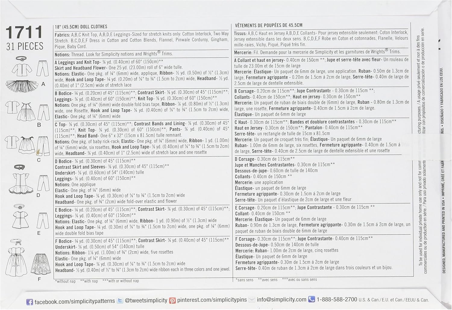 Simplicity 1711 18-Inch Doll Clothes Sewing Pattern, Size OS (One