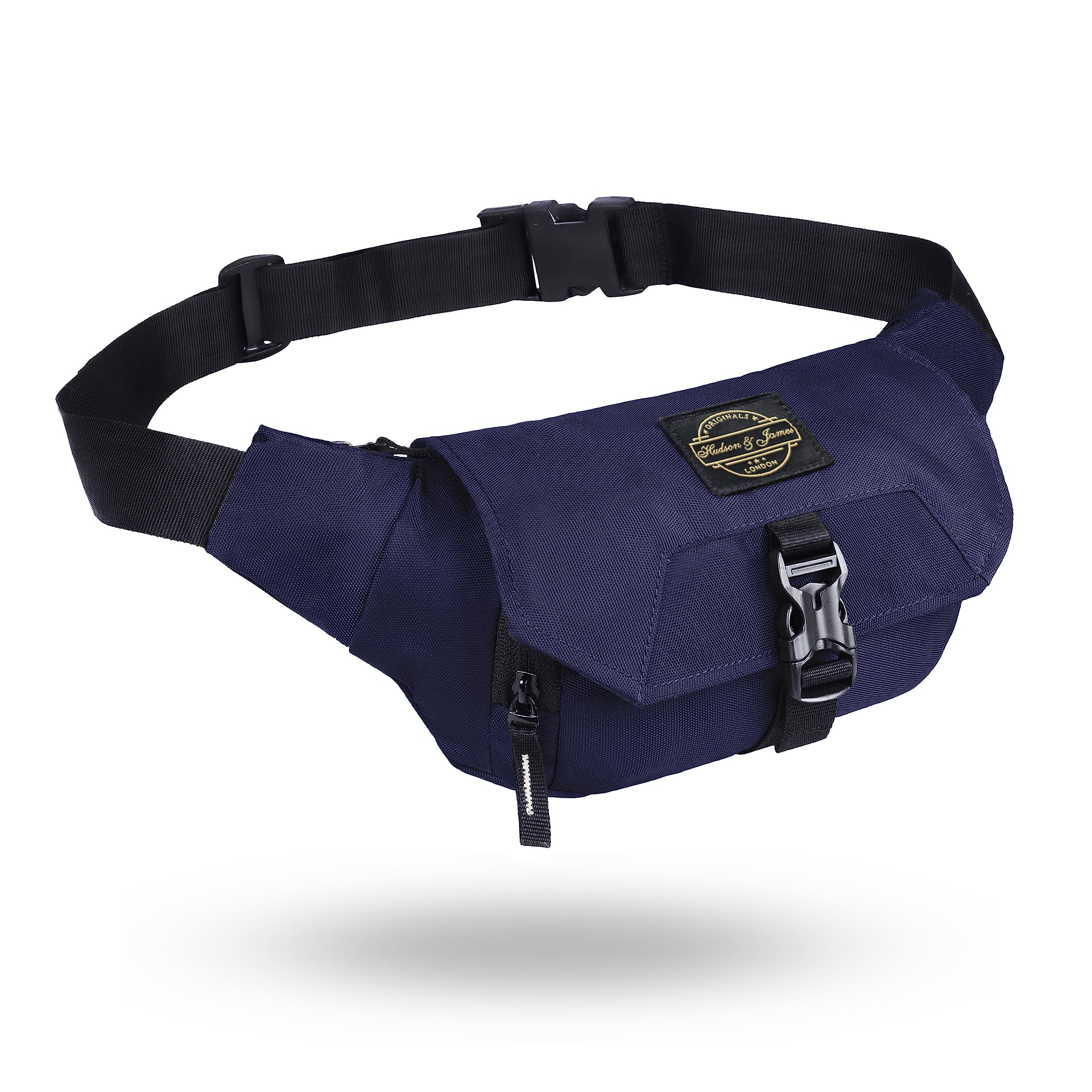 Hudson & James Bumbag Waist Fanny Pack Running Belt for Men Women Unisex Bum Bag Zipper Pockets Adjustable Belt, Waterproof Pocket for Outdoors Workout Hiking Gifts for Men Women (Navy)