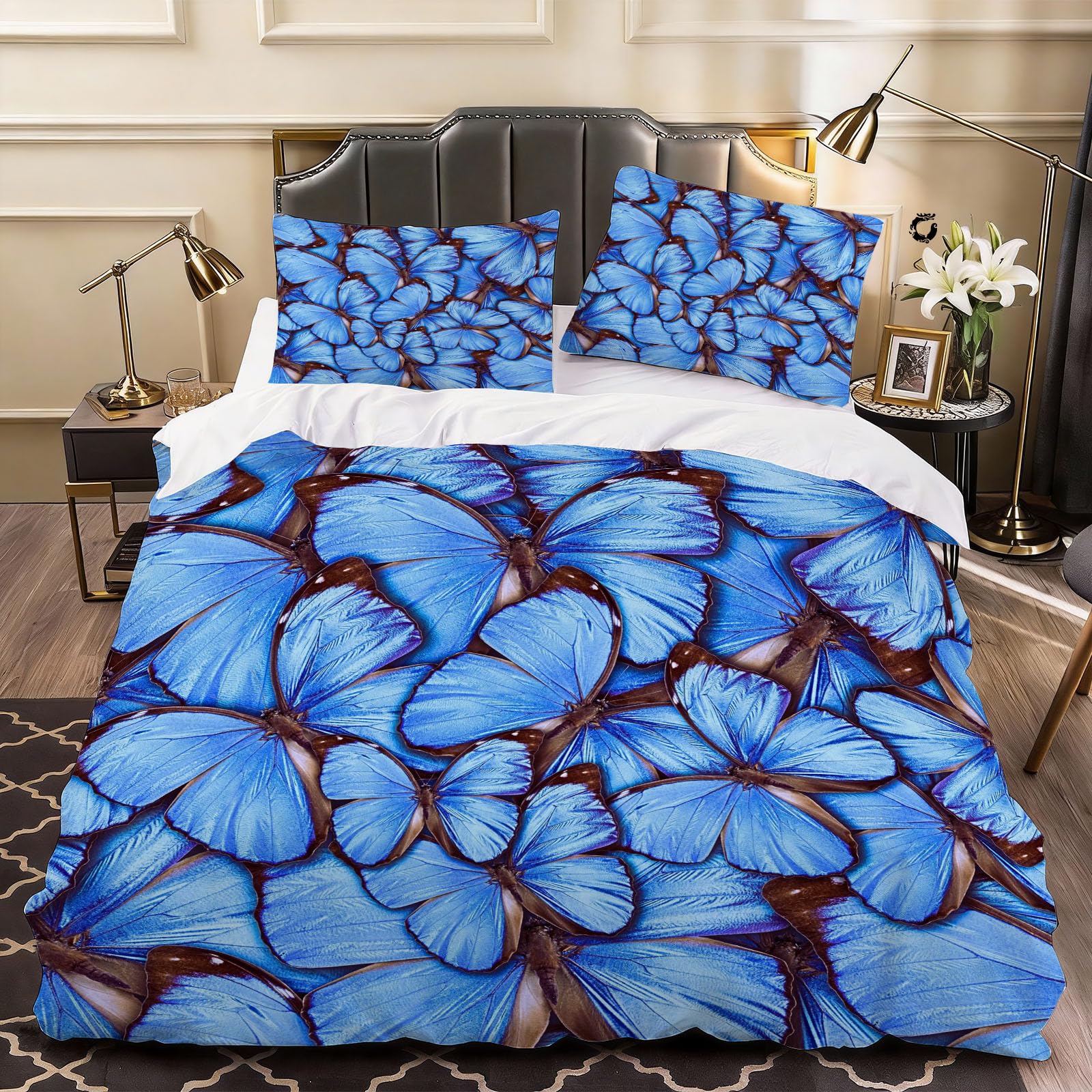 3D Butterfly Duvet Cover Chic Bedding Double Bed Set, Soft Microfiber Comforter Cover Printed with Zipper Closure Quilt Coverr 200x200 cm and 2 Pillowcases