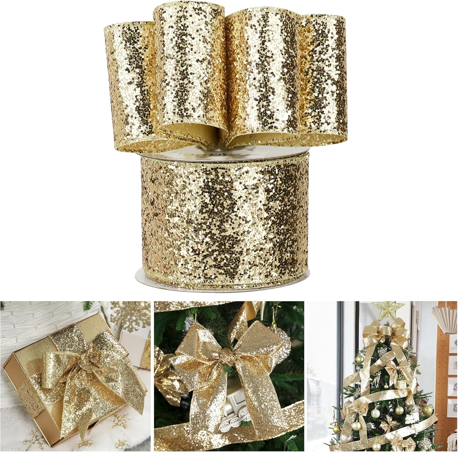 AIMUDI Champagne Glitter Wired Ribbon 2.5 Inch Christmas