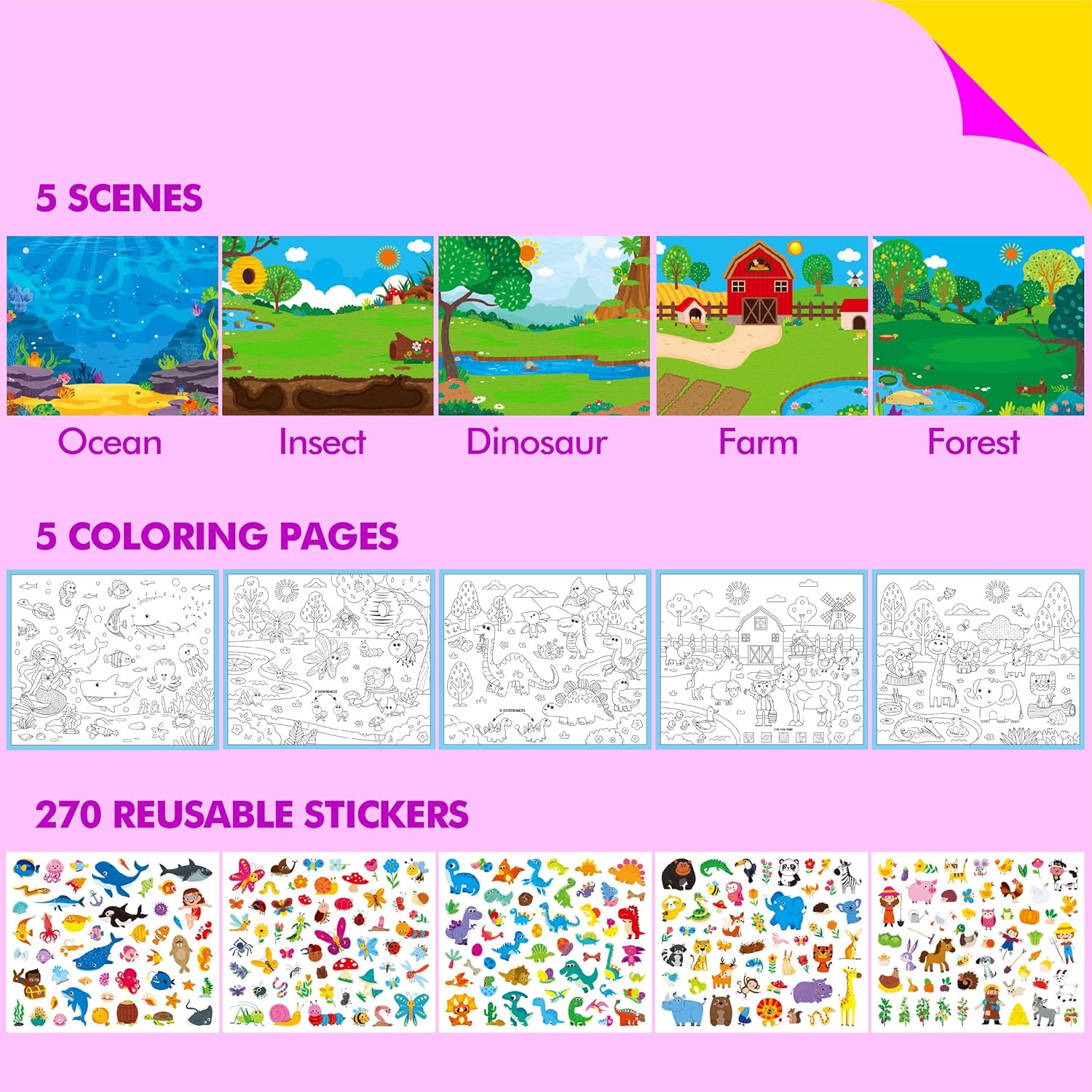 Reusable Sticker Activity Pad, 5 Large Size Scenes, 5 Coloring Pages & 270 Reusable Stickers, Statistic Sticker Pad for Preschool, Kids - Image 3