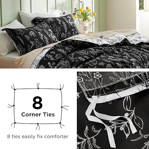 Miniatura 5 de Bedsure - Funda de edredón tamaño Queen, reversible negro con cierre de cremallera, juego de ropa de cama de 3 piezas con estampado floral con 8