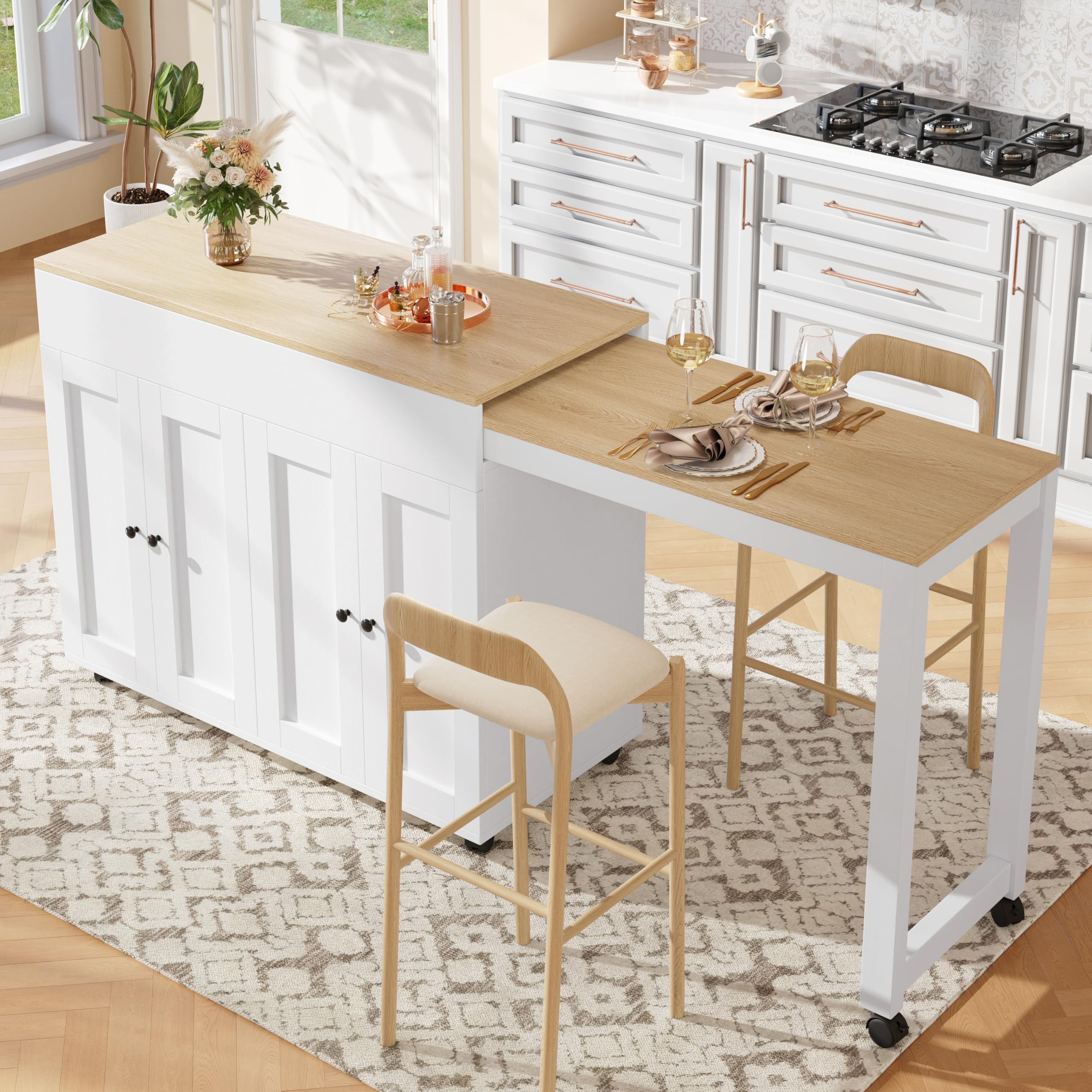 Îlot Central Cuisine avec Plan de Travail Extensible 117-180x50x94 cm, Table de Bar avec Rangement, Modèle Télescopique, Buffet et Séparateur de Pièce avec 6 Compartiments, Blanc