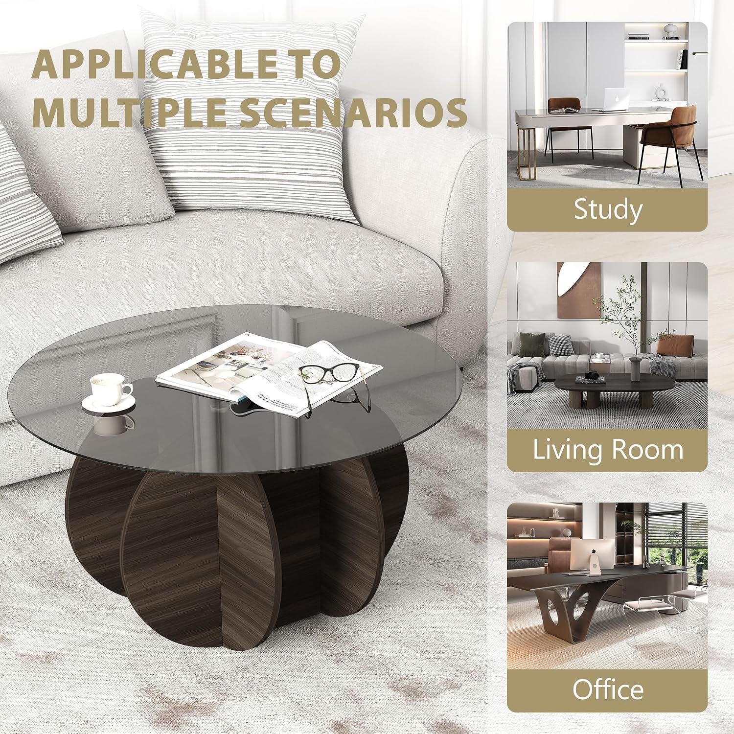 Glass Coffee Table, Round Coffee Table with Petal-Inspired Base, Modern Minimalist Center Table for Decoration, Gray Coffee Tables for Living Room, Study Room, Office