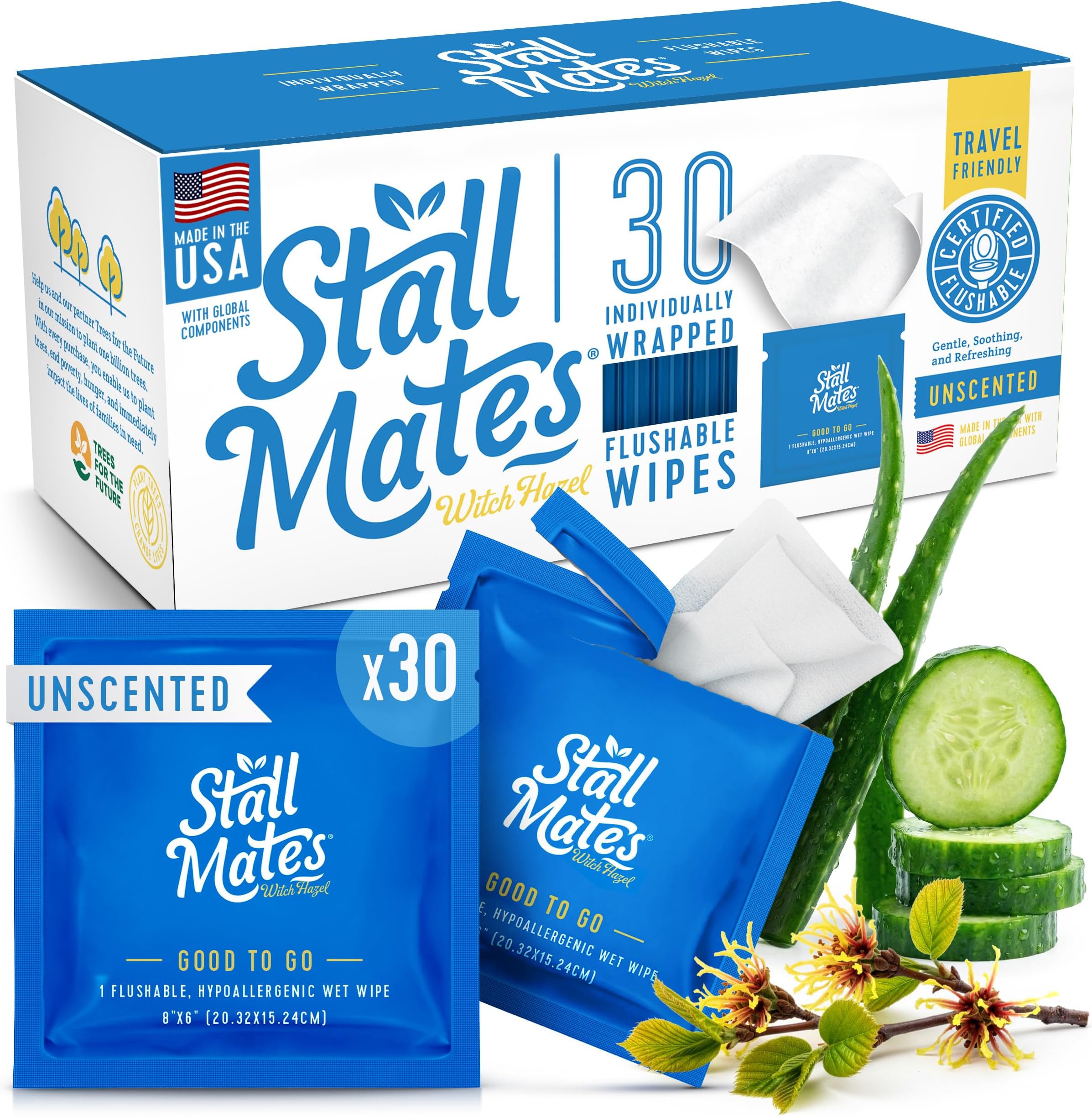 Stall Mates Wipes Witch Hazel: Flushable Wipes | Individually Wrapped | Travel Friendly | Soothing Witch Hazel | Unscented with Cucumber, Aloe and Chamomile | (30 on-the-go singles)