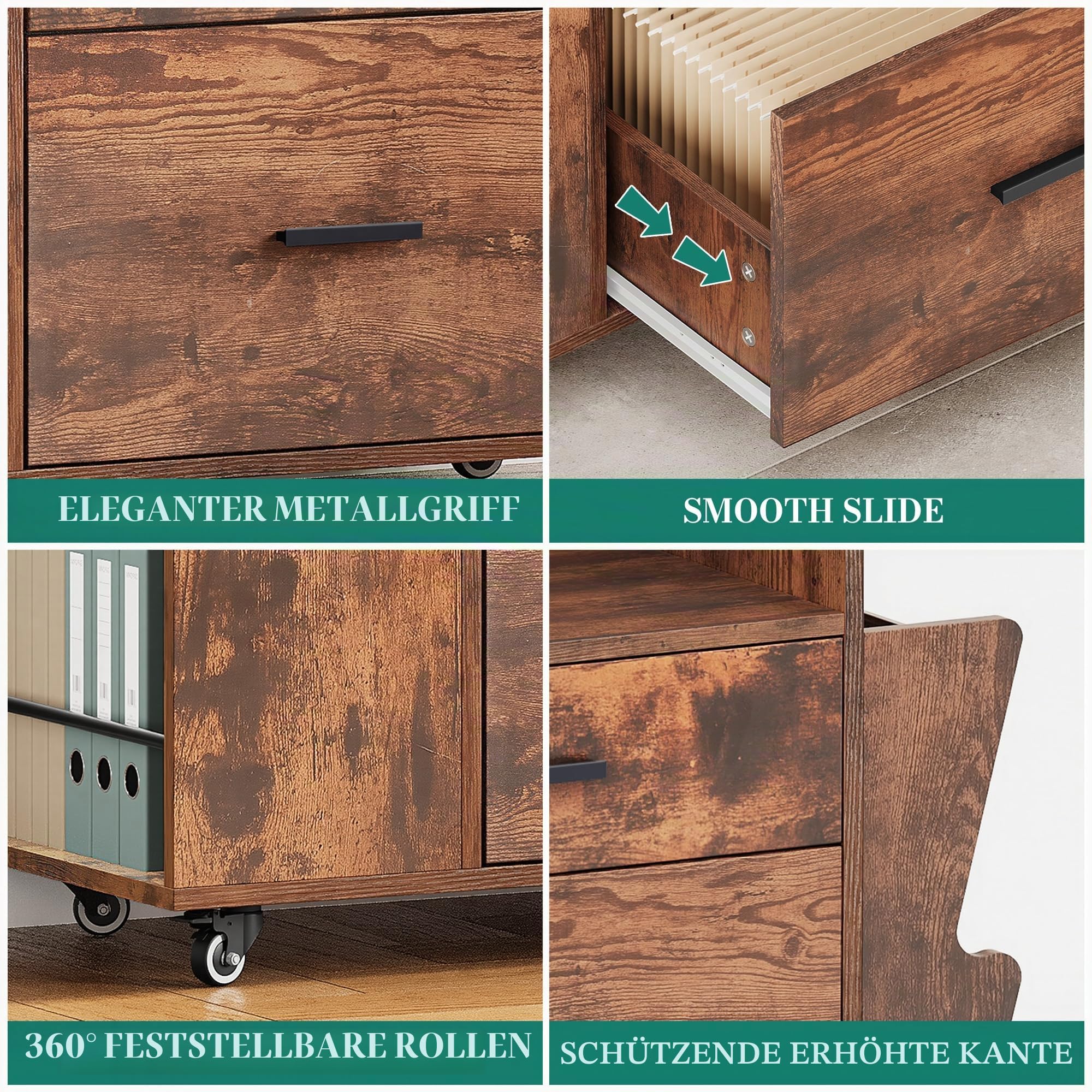 YITAHOME Rolling Aktenschrank mit Seitenhaltern und 4 Rädern, Braun