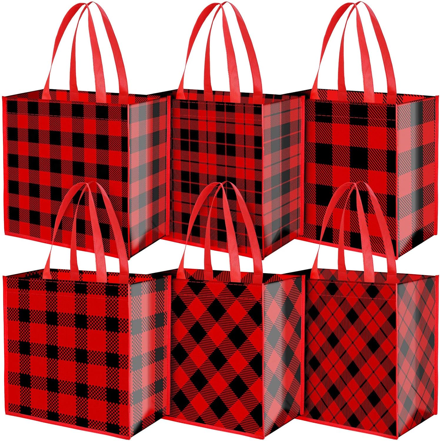 Aneco 12 Pieces Extra Large Christmas Party Gift Bags - 14 x 13.8 x 7.5 Inches Red and Black Plaid Non-woven Candy Tote for Party Supplies red and black 12 Count (Pack of 1)