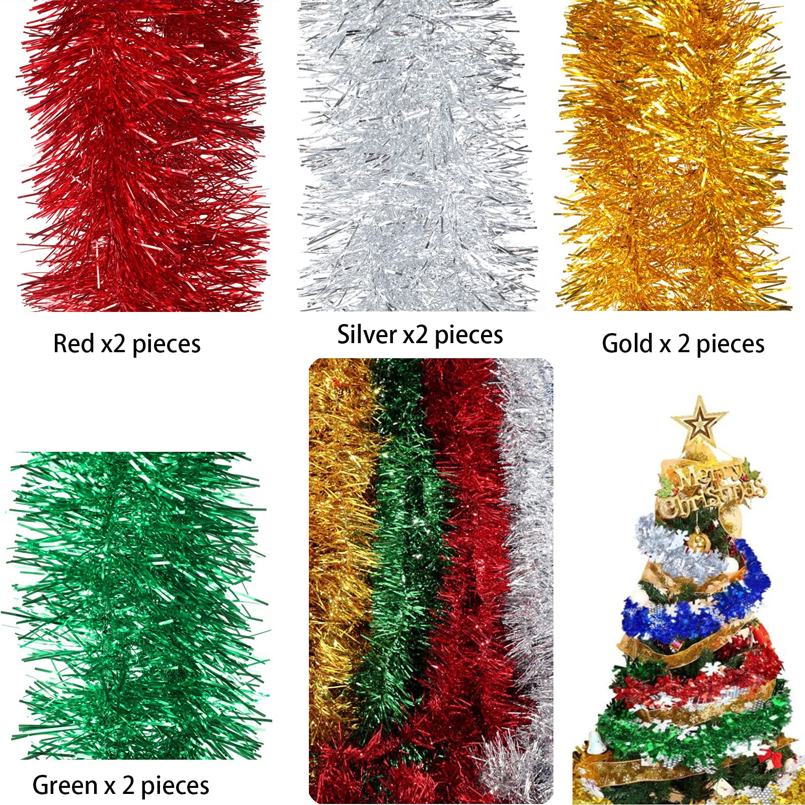 HEALSOPTHY Lot De 4 Guirlandes Tinsel Métalliques Fines Vert Noël – Décorations Scintillantes Pour Sapin, Plafond Et Fête