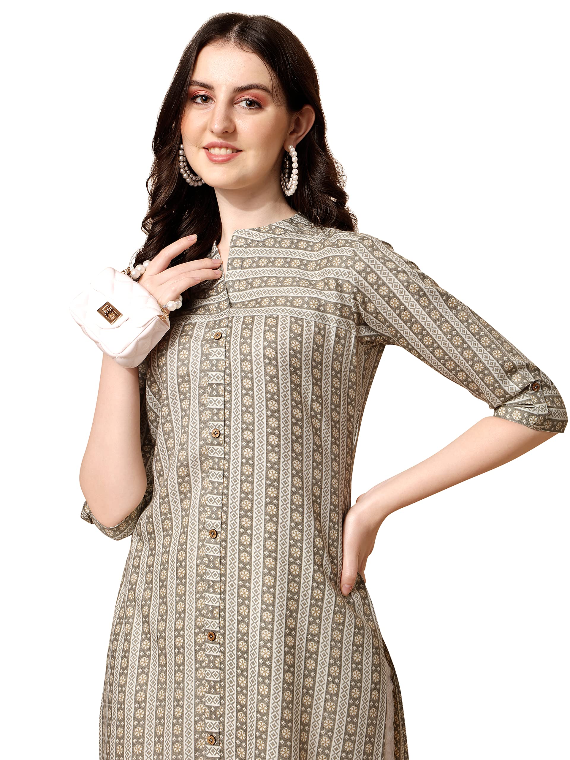 NAINVISH Women's Cotton Blend Straight Mandarin/Chinese Neck Printed Kurta (SD419_K-L_Yellow) 2