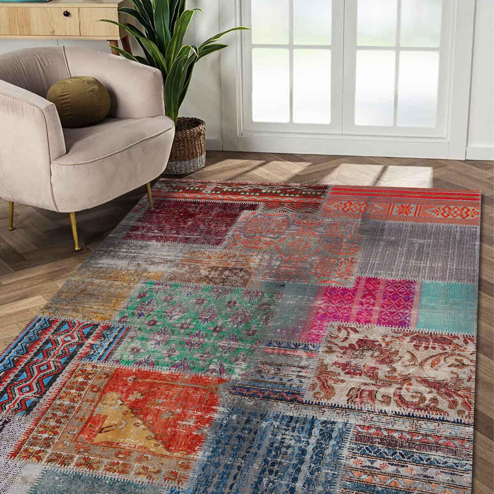 Bamyum Trunk Printed Carpet Chenille Print Machine Made 160 X 230 Cm, Machine Washable Carpet Living Room, Vintage Carpet Bedroom, Antibacterial Anti-Slip Underlay Kitchen Green Carpet