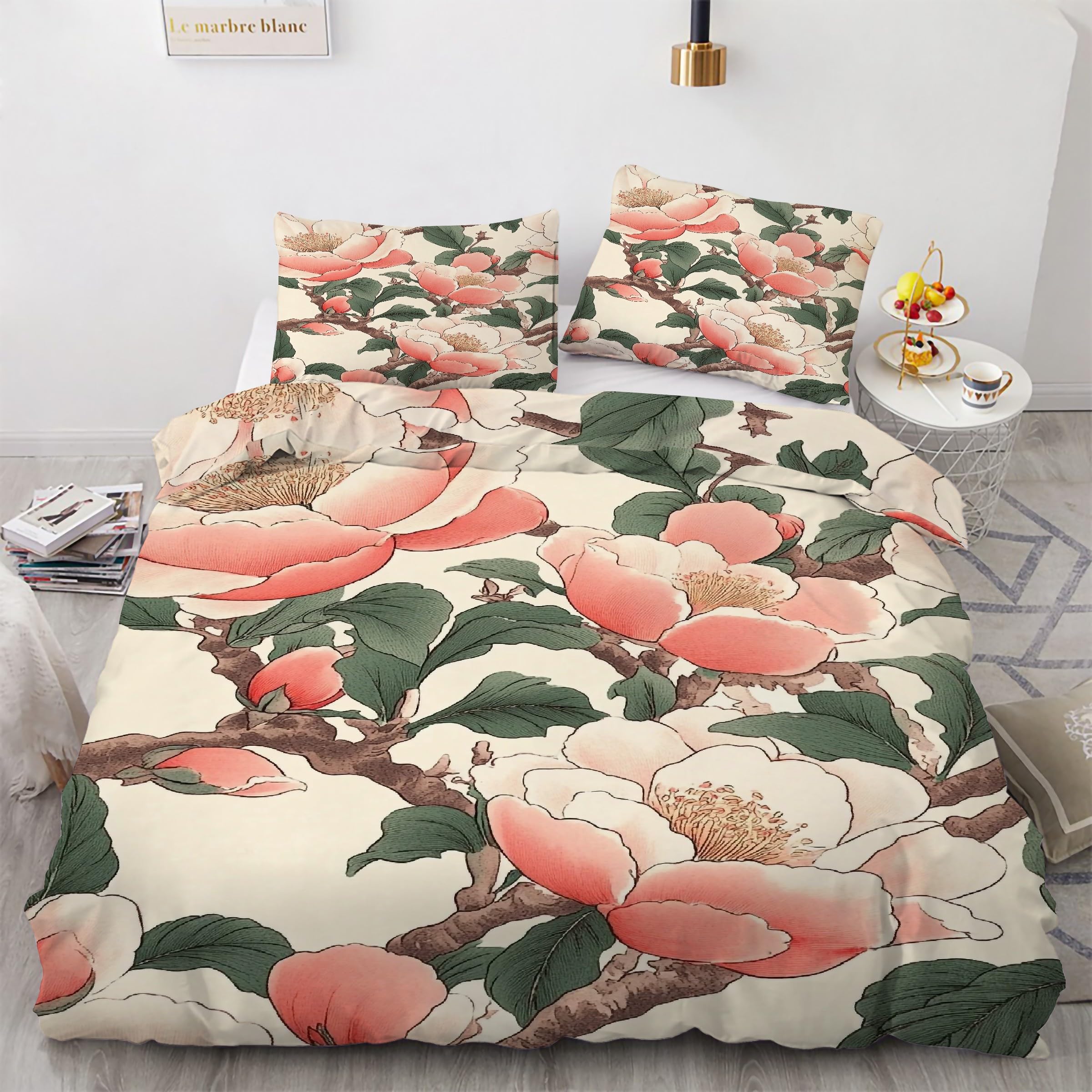 Parure de lit 220x240 fleurs avec housse de couette microfibre douce rose et taies d'oreiller