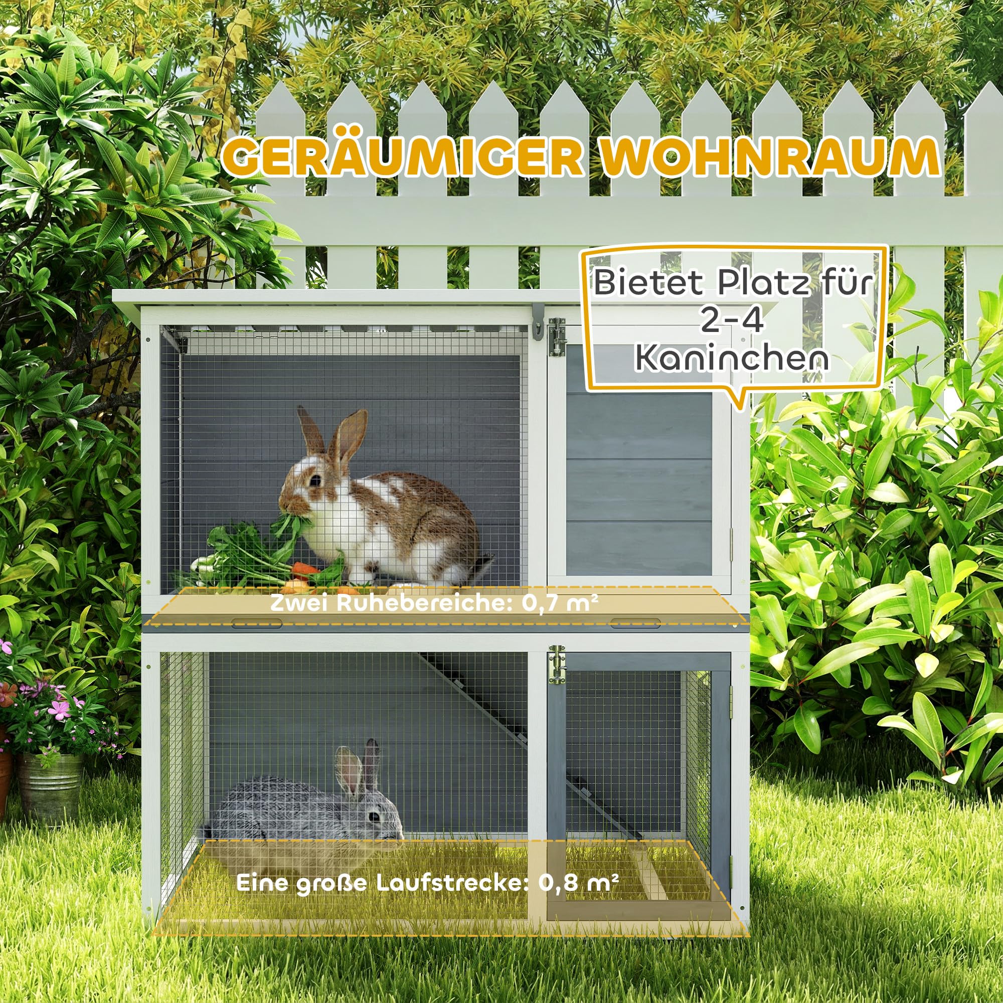 PawHut Hasenstall 2 Etagen Kaninchenstall aus Holz 98x95x102,5 cm Kaninchenkäfig mit wetterfest aufklappbar Dach, Freilaufgehege, Rampe, Türen, Hasenkäfig für Kaninchen, Hühner Outdoor Grau