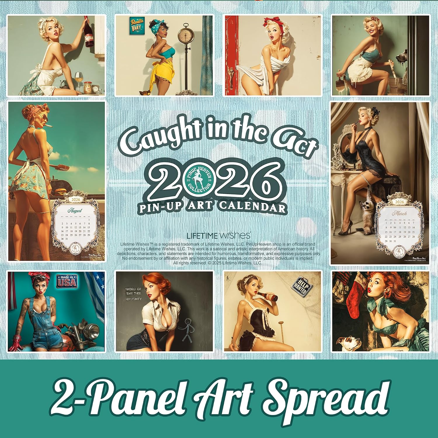 Pin Up Calendar 2026, Funny Vintage Norman Rockwell–Inspired Pin Up Girl Art Calendar, XL 2-Panel Retro Wall Art, Living Room Kitchen Man Cave Decor, Caught in the Act, 11" x 17" Open