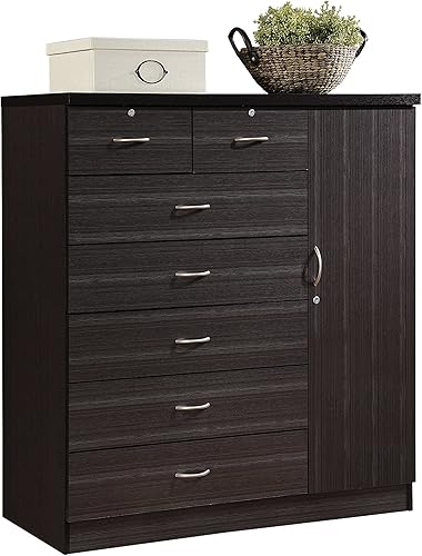Hodedah Baúl grande de 7 cajones cinco cajones grandes dos cajones más pequeños con dos cerraduras barra colgante y tres estantes color chocolate
