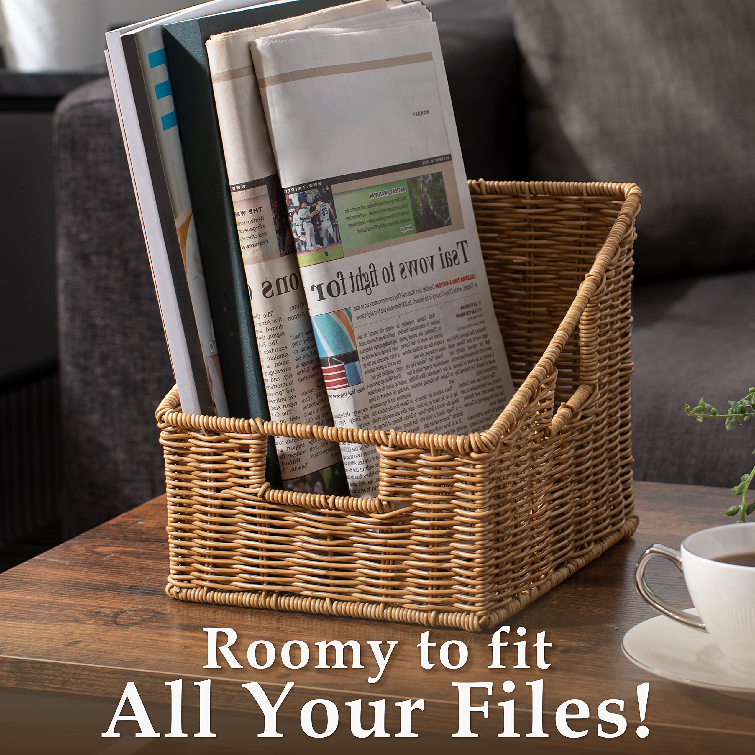 myHomeBody Wicker Home Organizer Basket, Office Organization as Book Holder, Desk Organizer, Magazine Holder, Home Organization, Wicker Baskets for Storage, Resin Wicker 1pc, Tan