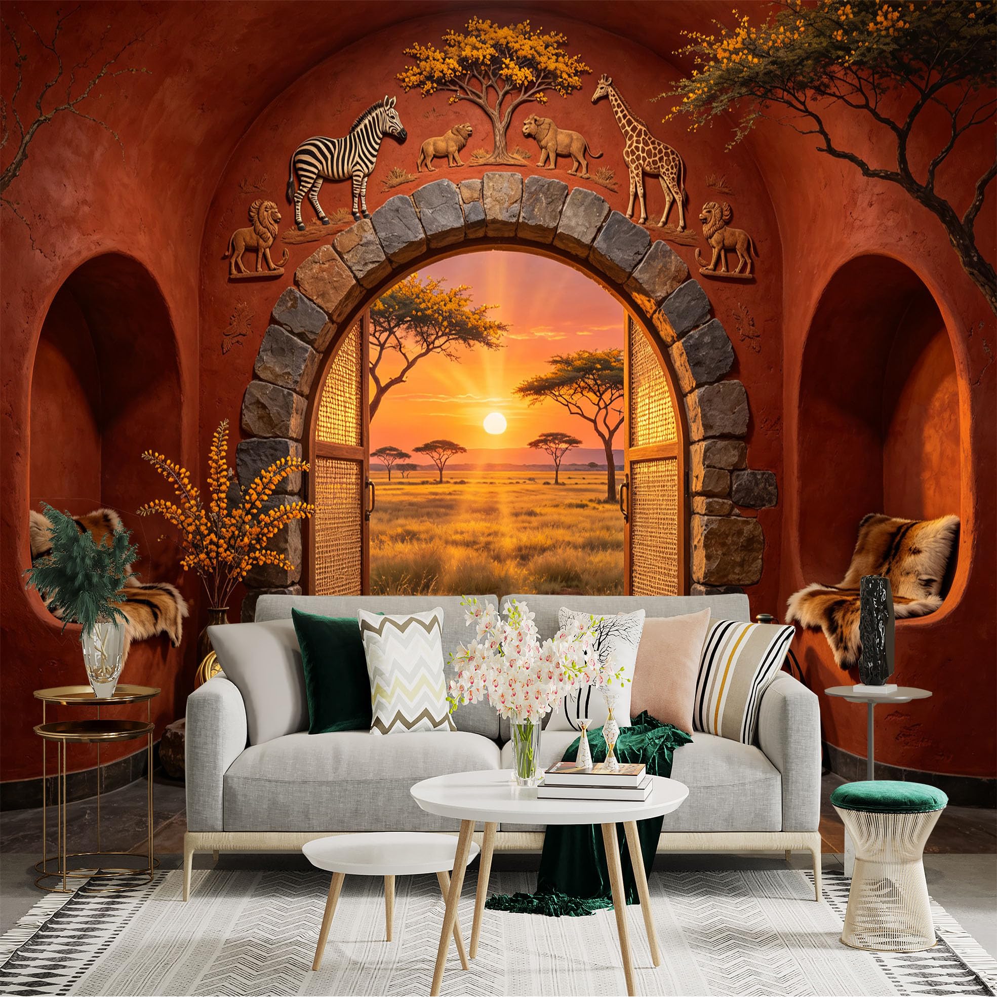 Custom Size Wall Sticker Mural， African Safari Sunset with Zebra Giraffe Lions and Savanna Landscape， for wall Decoration， peelandstick wall Decals.