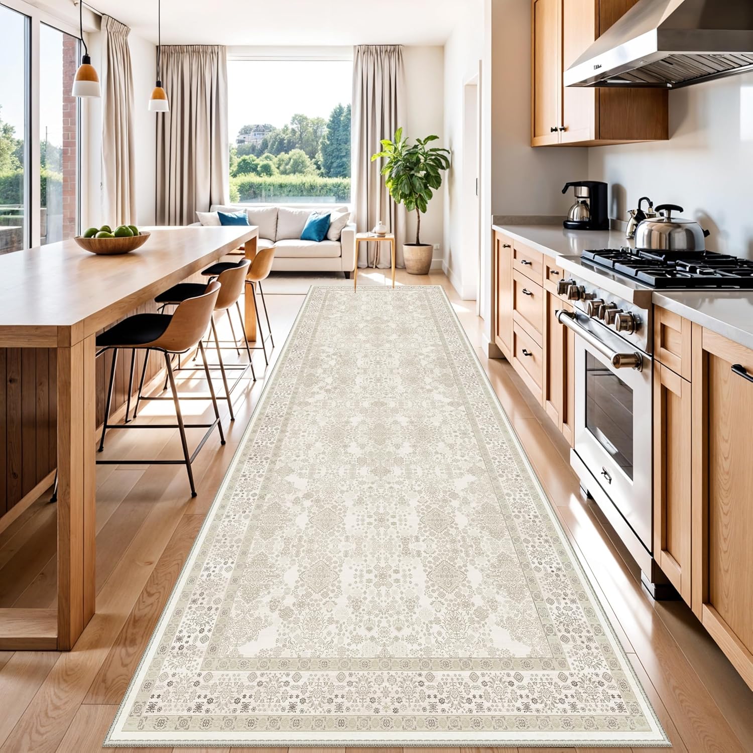 4x12 rug runner non slip: washable area rugs for wide hallway - soft vintage farmhouse runners for kitchen bedroom dining room living room office - stain resistant low-pile thin carpet ivory ivory 4' x 12' (rectangular)