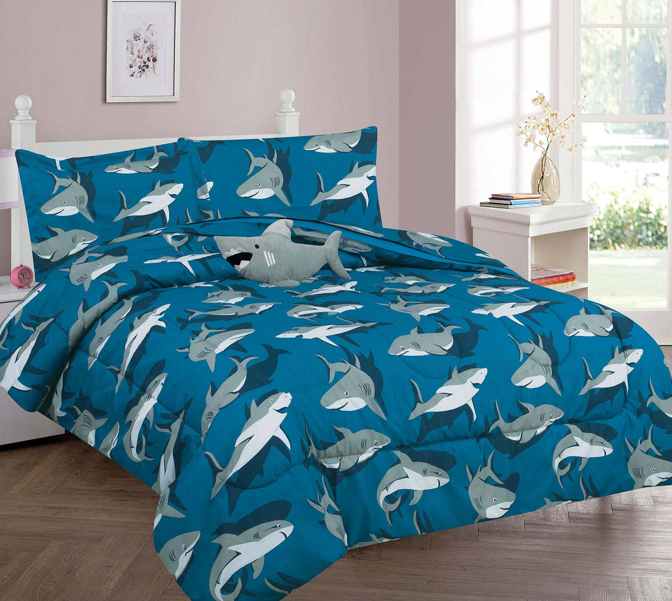 Goldenlinens Shark Comforter 3 Pieces and 4 Pieces Sheet Set Curtain Valance Twin 3 Pieces Comforter