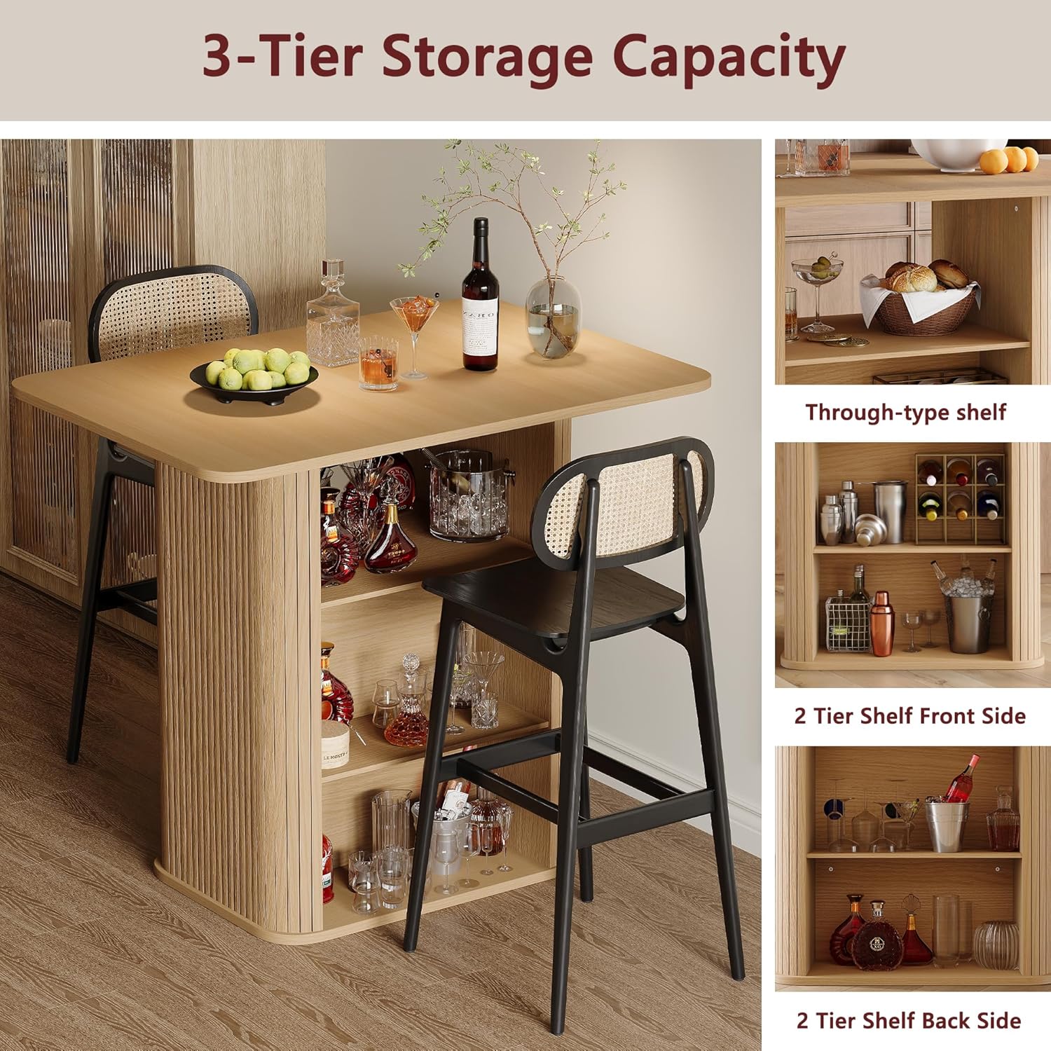 FUQARHY Kitchen Island with Storage, 3-Tier Farmhouse Small Counter Height Island Table, Rustic Wood Coffee Bar Table for Dining Room Kitchen