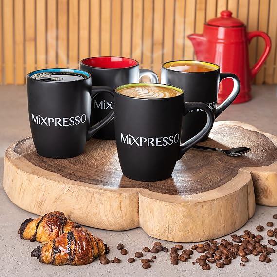 Mixpresso 4 Piece Mug Set, 16 Oz Coffee Mugs with Large Handle For Hot or Cold Drinks, Colorful Ceramic Coffee Mug Set For Coffee, Tea, Cappuccino, Milk, Cocoa, Cereal. Black and Colors Mugs