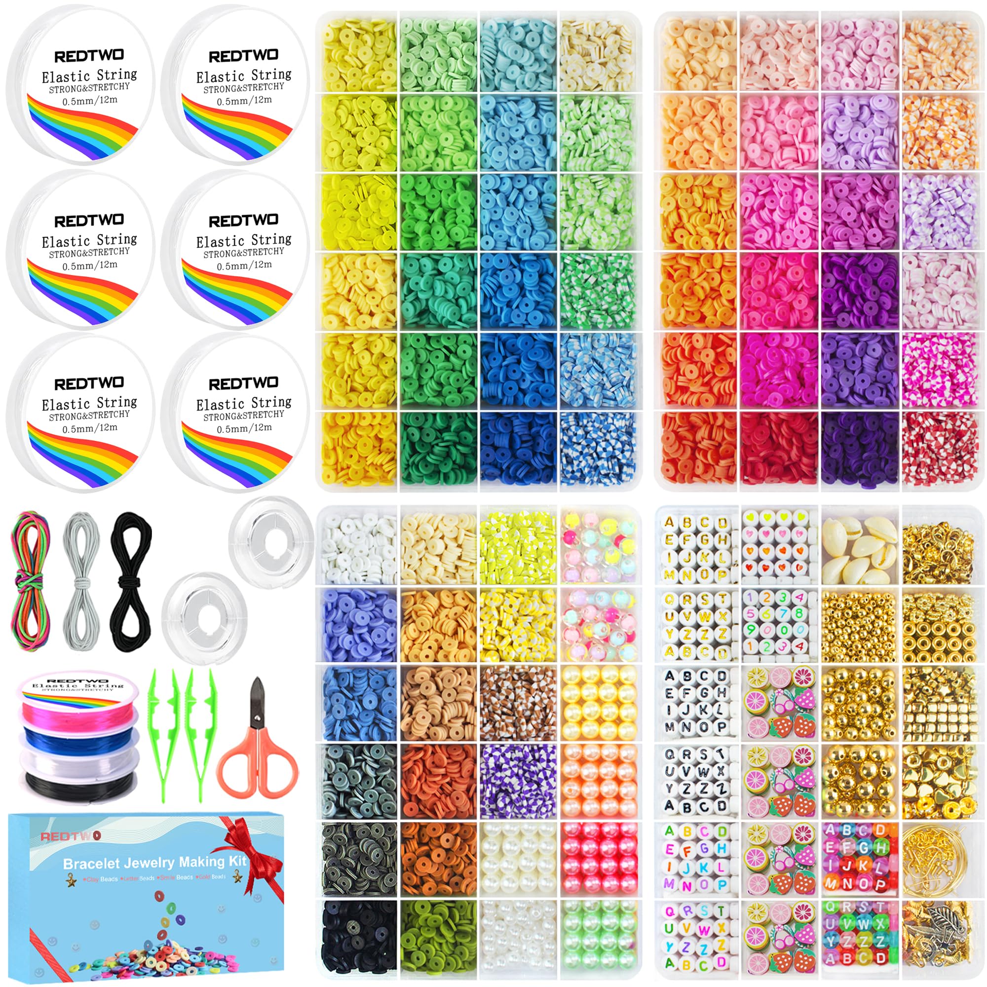 Redtwo18000 Clay Beads Kit with 15 Rolls Elastic Bracelet String