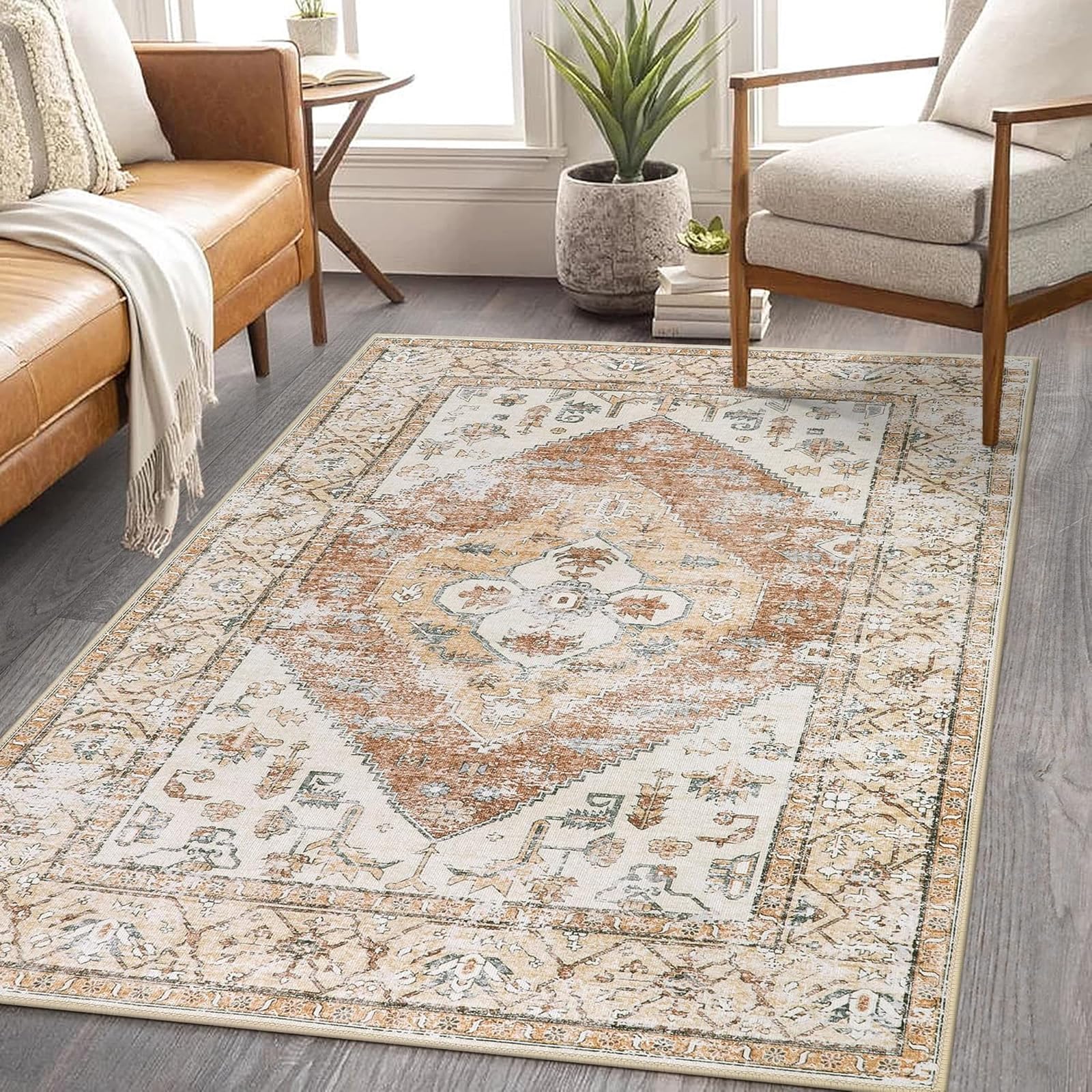 Tapis jaune cream et orange 120x185 style oriental vintage pour table basse
