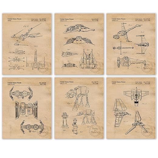 Classic Star Vessels Vehicles Patent Prints, 6 (8x10) Unframed Photos, Wall Art Decor Gift for Home Office NASA Creator Work Gears Garage Man Cave Gaming Student Teacher ComicCon SciFi Wars Film Fan