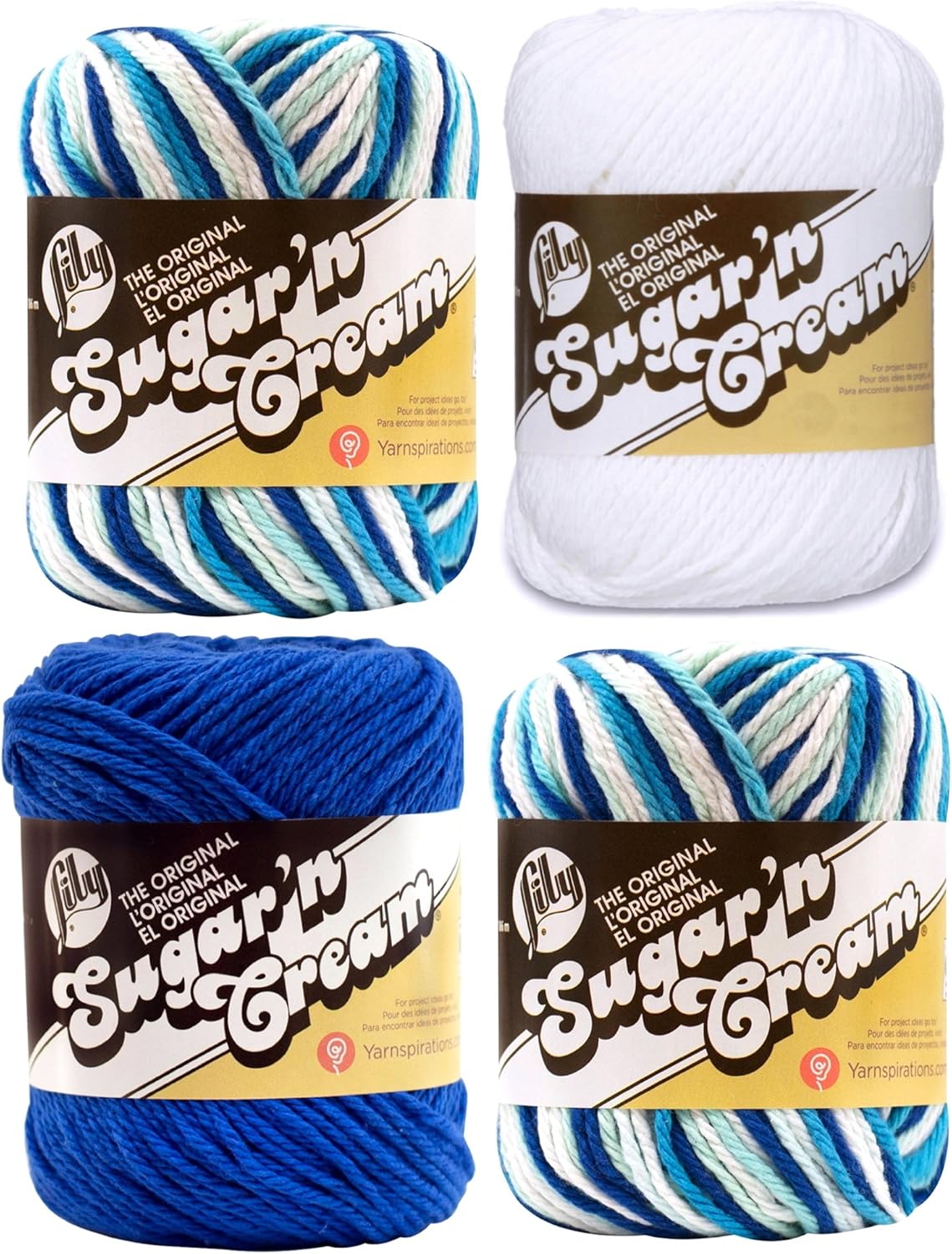 Bulk Buy: Lily Sugar 'n Cream Limited Edition 100% Cotton Yarn (Coordinated 4-Pack) (Hippi x 2, Dazzle Blue, White)