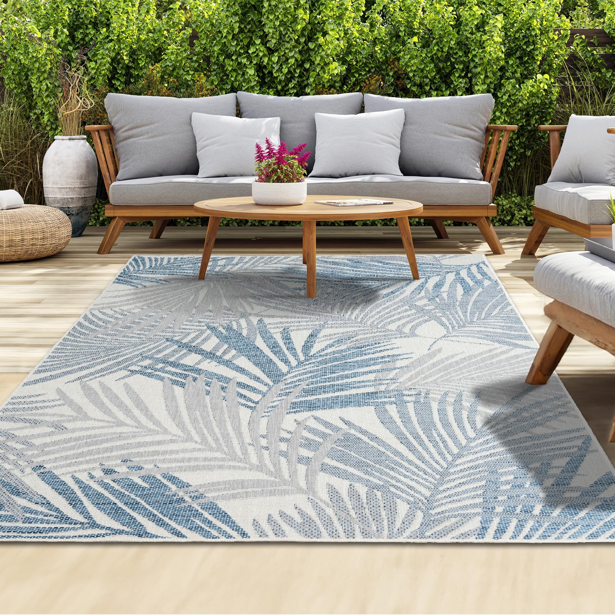 homeart Outdoor Rug - Easy-Clean, Durable, Stain-Resistant, Weather & UV Resistant Indoor & Outdoor Rugs for Porch, Deck, Balcony, Garden, Picnic and Patio | Palm Blue, Grey - 80x150cm