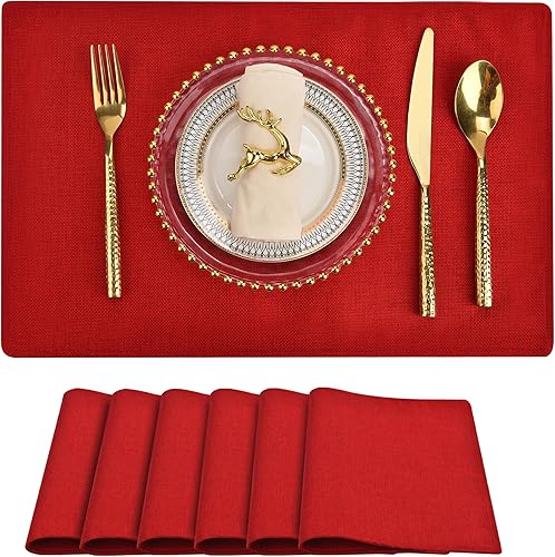 Miniatura 30 de SLKQG Juego de 8 manteles individuales con aspecto de lino azul, resistentes al calor y lavables a máquina, manteles individuales de tela de doble