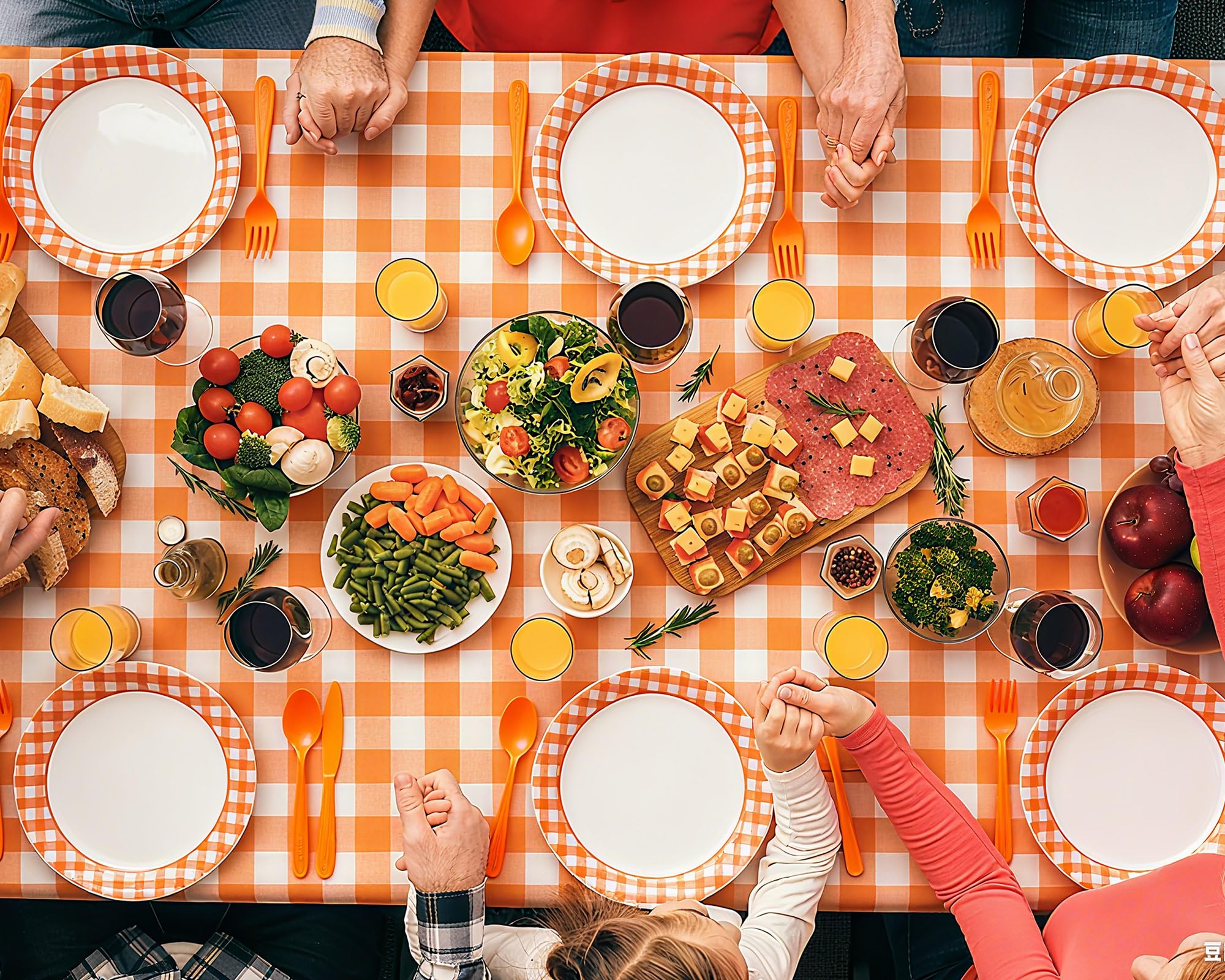 Oudain Kit per feste a quadretti, 162 pezzi, usa e getta, arancione e | Set da 20 ospiti, 2 tovaglie, piatti, bicchieri, tovaglioli, posate, per compleanni, picnic, campeggio, feste all'aperto