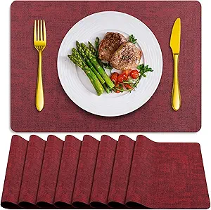 Placemats Set of 8 Washable, Heat Resistant Table Placemats Wipeable Faux Leather Place Mats Non Slip, Waterproof Square Table Mats for Indoor Outdoor, Wine Red