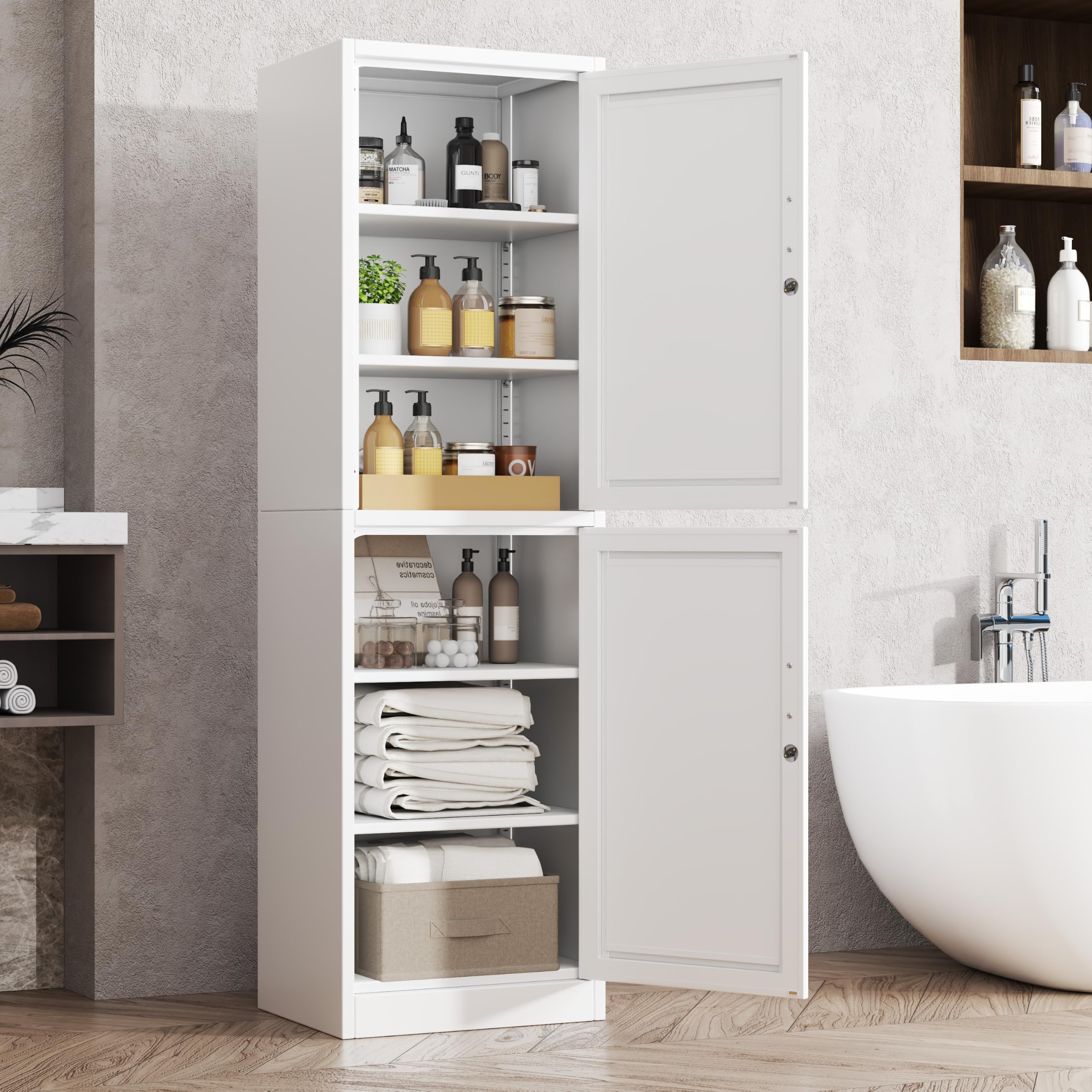 Tall Metal Narrow Bathroom Storage Locker Cabinet 67" H,White Kitchen Pantry Cabinets with 4 Adjustable Shelves and 2 Lockable Doors,File Cabinet Organizer for Kitchen Home Office Living Dining Room