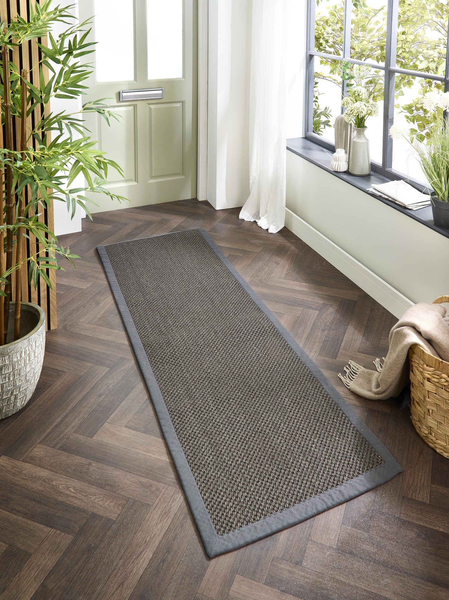 Lord of Rugs Sisal Area Rug with Hand Stitched Border, Non-Slip Durable Natural Modern Bordered Carpet for Living Room, Hallway Flatweave Rug Dark Grey/Grey Border, Runner 67 x 300 cm (2'3"x10')