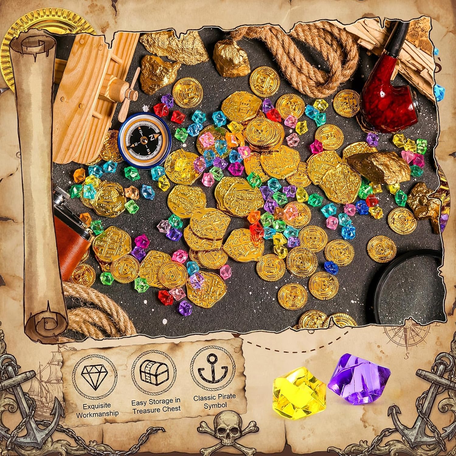 Hanaive 150 Pcs Plastic Pirate Gold Coins Fake Gems Set,Mixing,Gold image 5