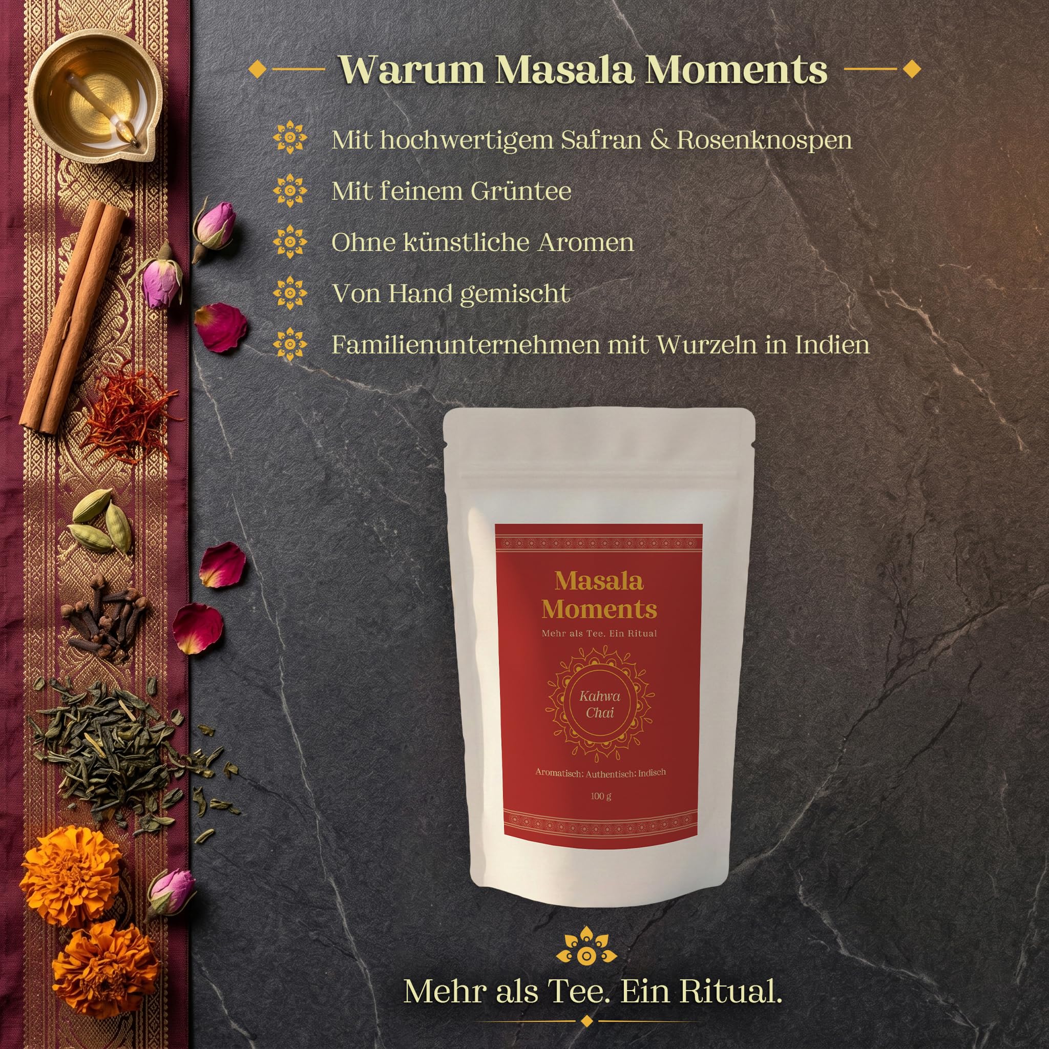 MASALA MOMENTS Kahwa Chai (100 g) – Kashmir Grüntee mit Safran & Rosenknospen | Leicht & aromatisch | Ohne künstliche Aromen | Traditioneller Gewürztee | Bis zu 35 Tassen