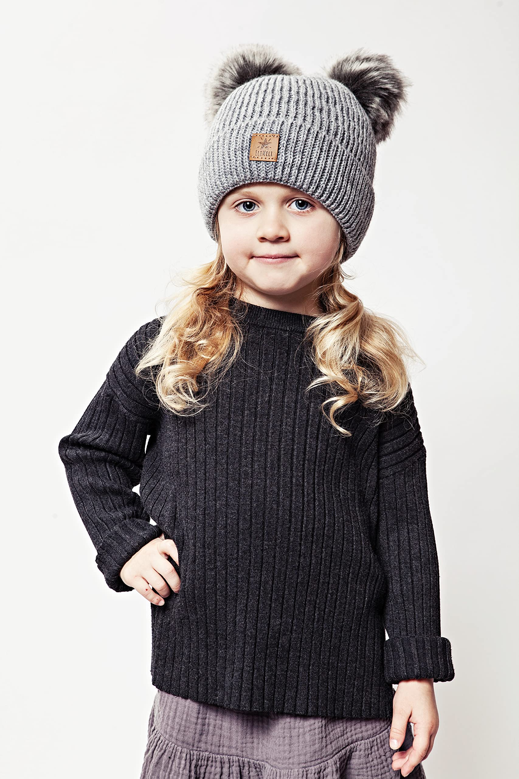 ELIMELI Eltern-Kind Mütze Mädchen Warme Wintermütze für Mutter und Tochter Mütze Damen Winter mit Zwei Bommeln Slouch Strick Beanie Damen Bommelmütze Kinder Mama und Baby Cap Set 3