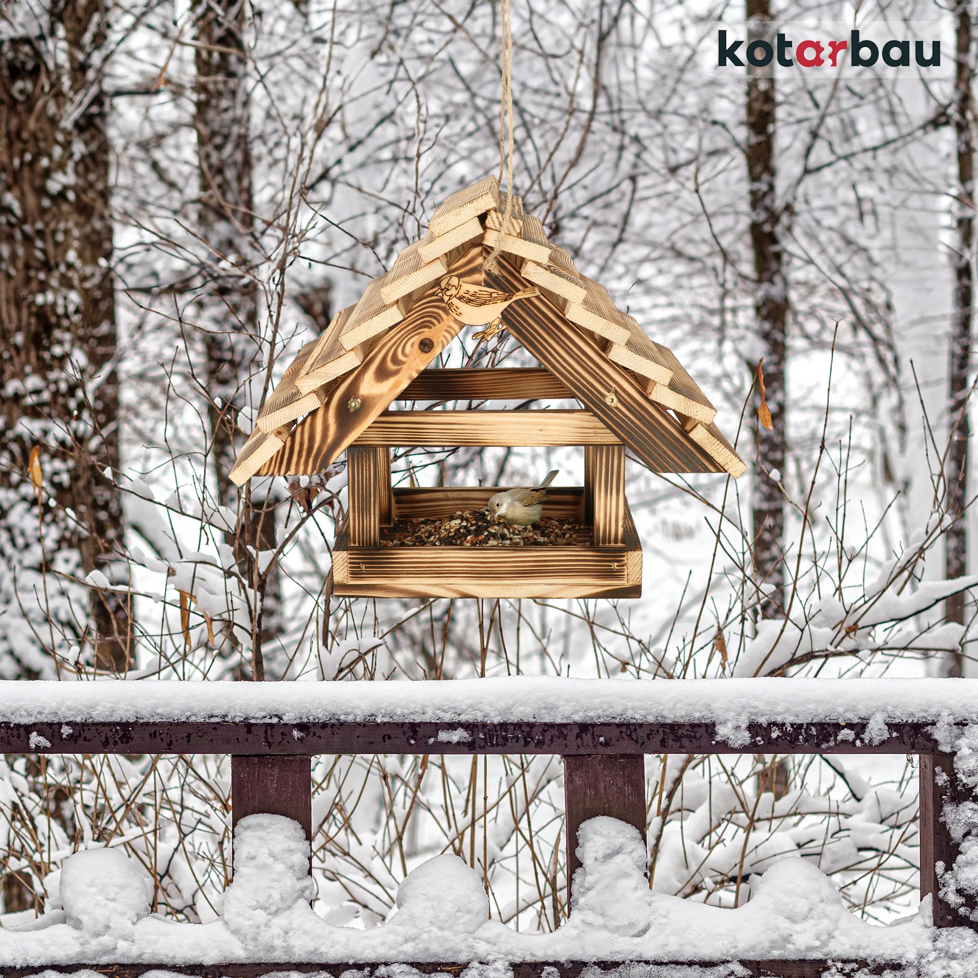 KOTARBAU® Mangiatoia da Esterno in Legno - Casetta Per Uccelli - 36 x 27,5 x 30 cm - Legno Bruciato Chiaro - Mangiatoia Uccelli Selvatici - Da Esterno Con Cibo 0.5 kg