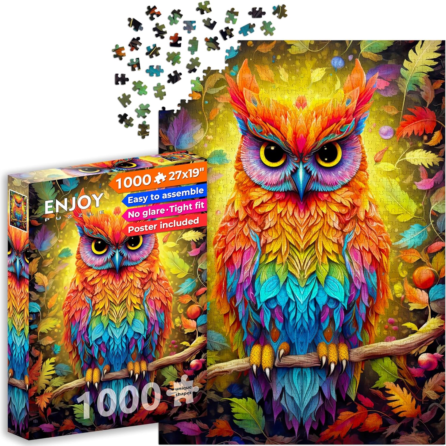 1000 Piece Jigsaw Puzzle for Adults - Colorful Rainbow Owl & Autumn Forest, Matte Anti-Glare, Unique-Shape Pieces, 2mm Board, Frame-Worthy 27x19 in Gift for Women | Enjoy Complete-Set Guarantee