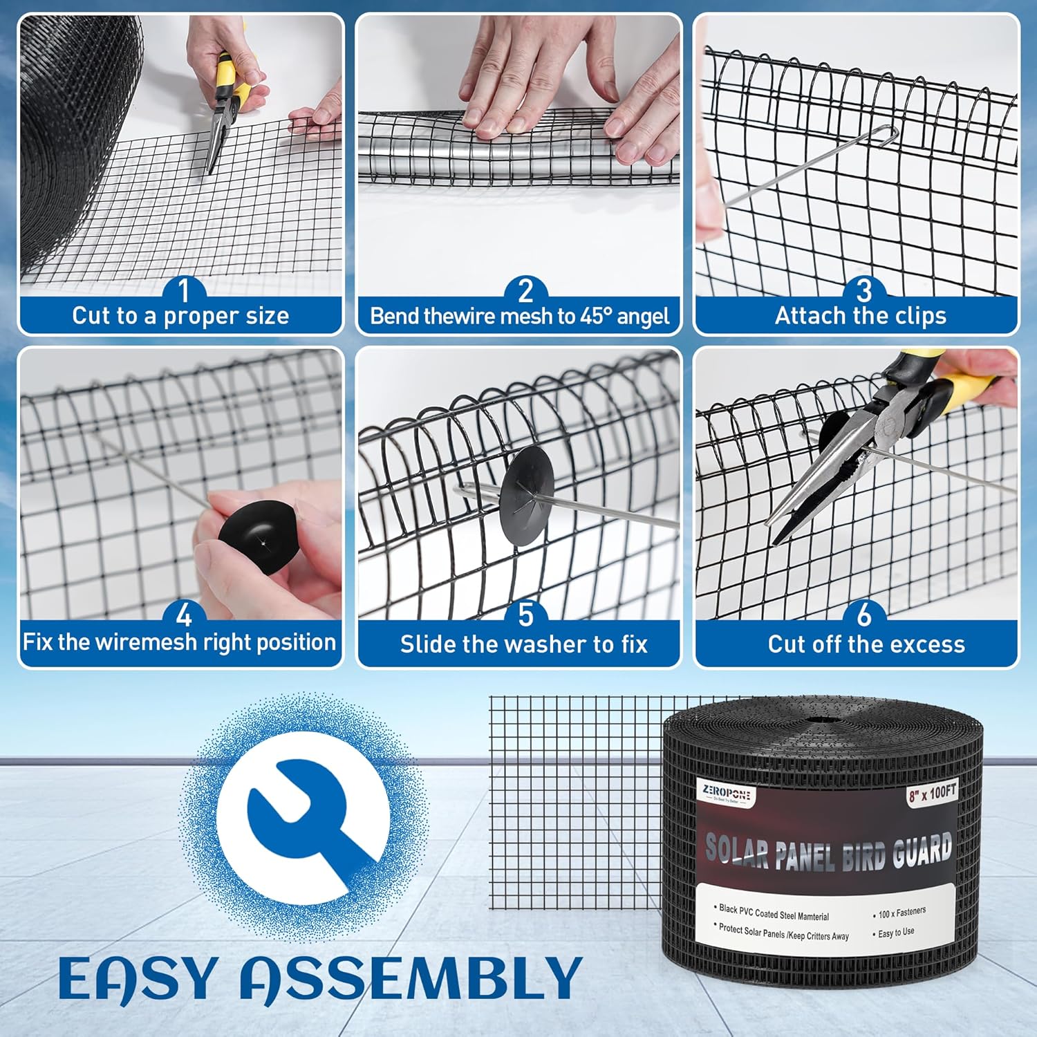 8inch x 100ft Solar Panel Bird Guard, Critter Guard for Solar Panels with 100 Pcs Stainless Steel Fasteners, Removable PVC Coated Pigeon Netting Wire for Squirrel, Bird, Critters Proofing