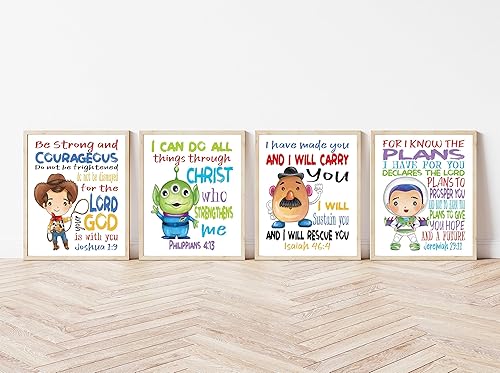 Miniatura 7 de Toy Story - Juego de 4 impresiones de acuarela cristiana sin marco, Woody, Buzz Lightyear, Mr. Potato Head y Alien con versos de la Biblia