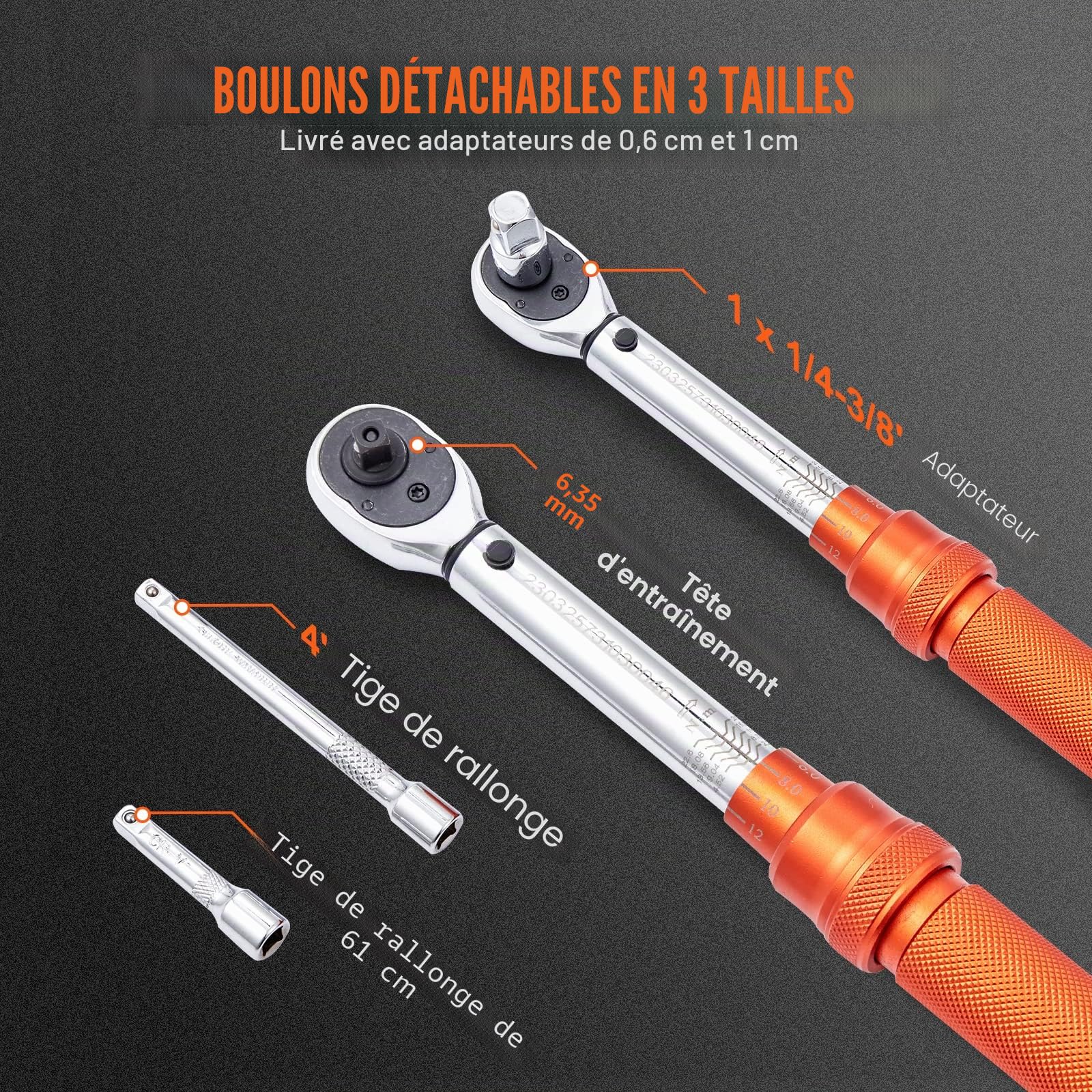 VEVOR 1/4" Clé Dynamométrique Mécanique Clé de Torsion 2,3-23 N.m Précision ±3% Clé à Cliquet Réglable 72 Dents Contre Surcouple avec Adaptateurs et Rallonge de 127 mm Kit d’Entretien pour Auto Moto